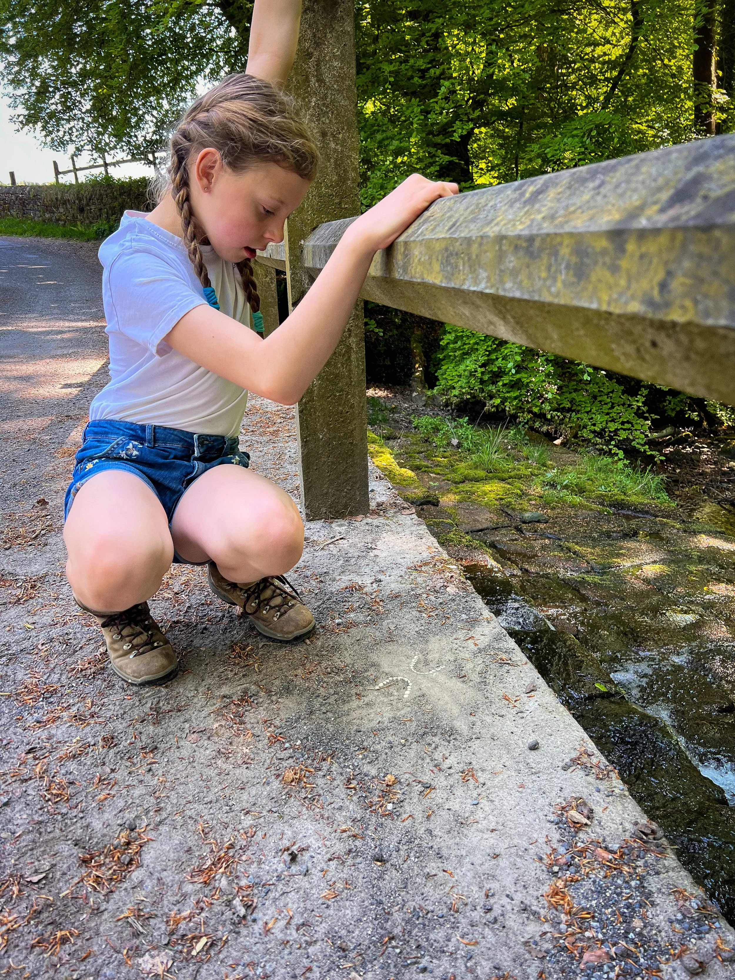 Child looking at some false teeth that have been concreted into the bridge