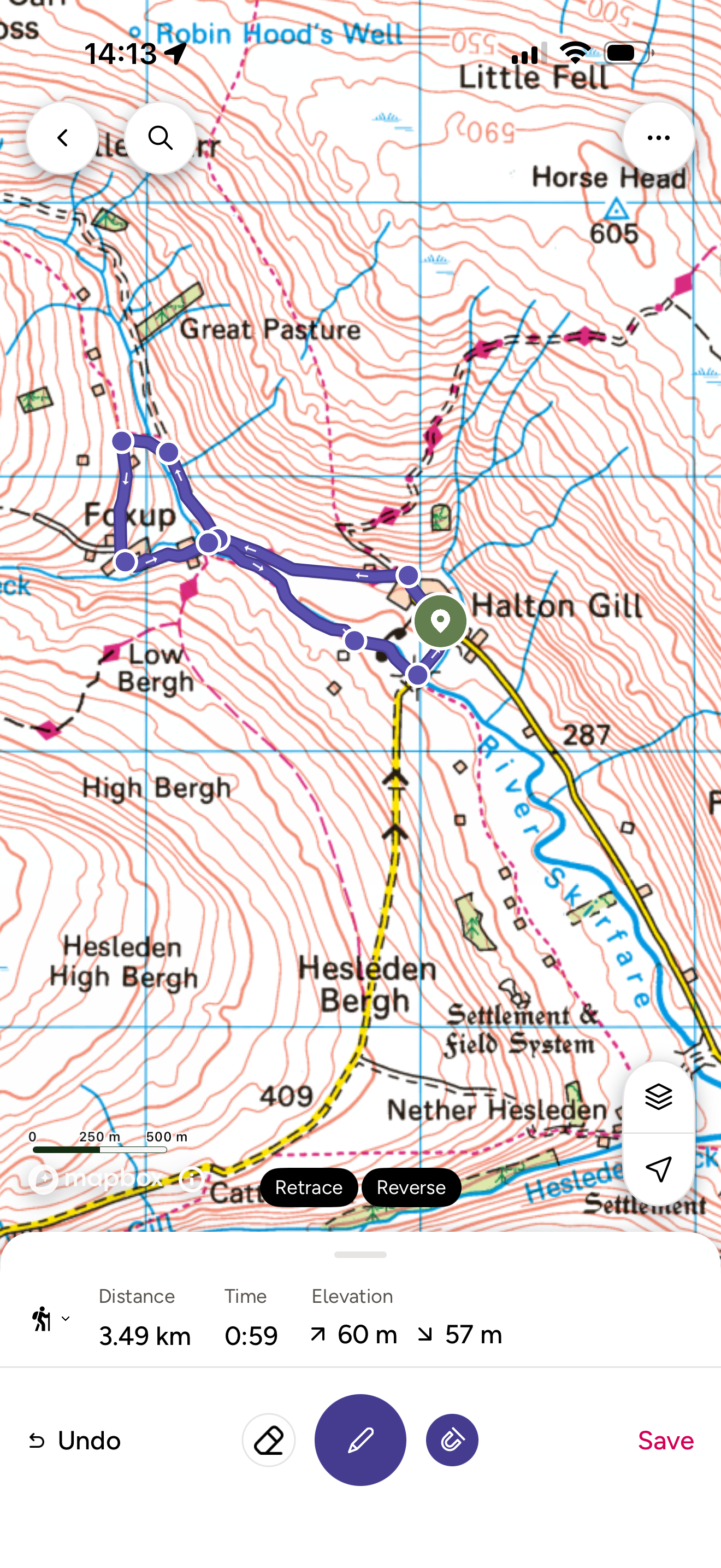 Route of Halton Gill circular on ordnance survey map