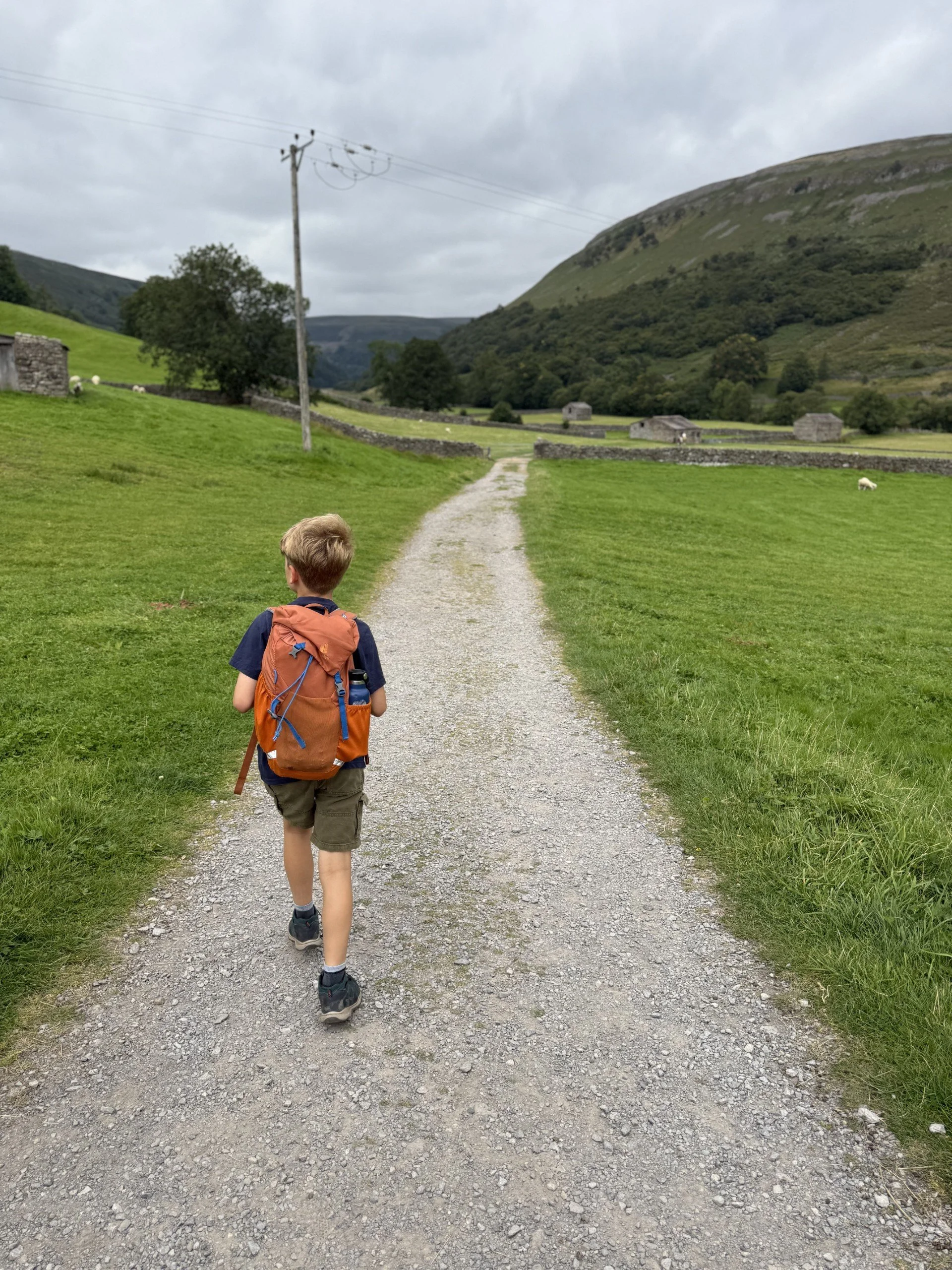 Child walking along a wide stony path with fields surrounding and stone farm buildings