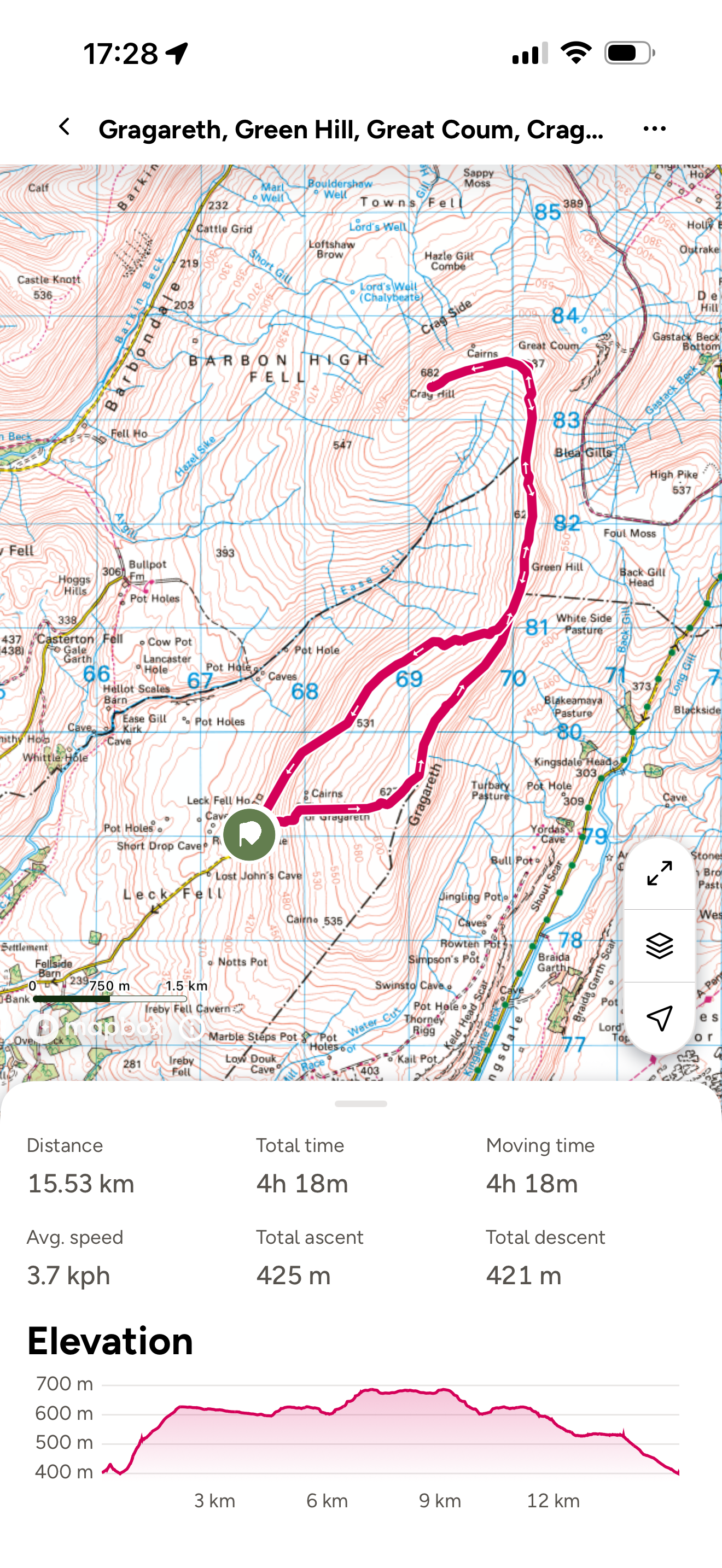 Ordnance Survey map of Gragareth with route on it