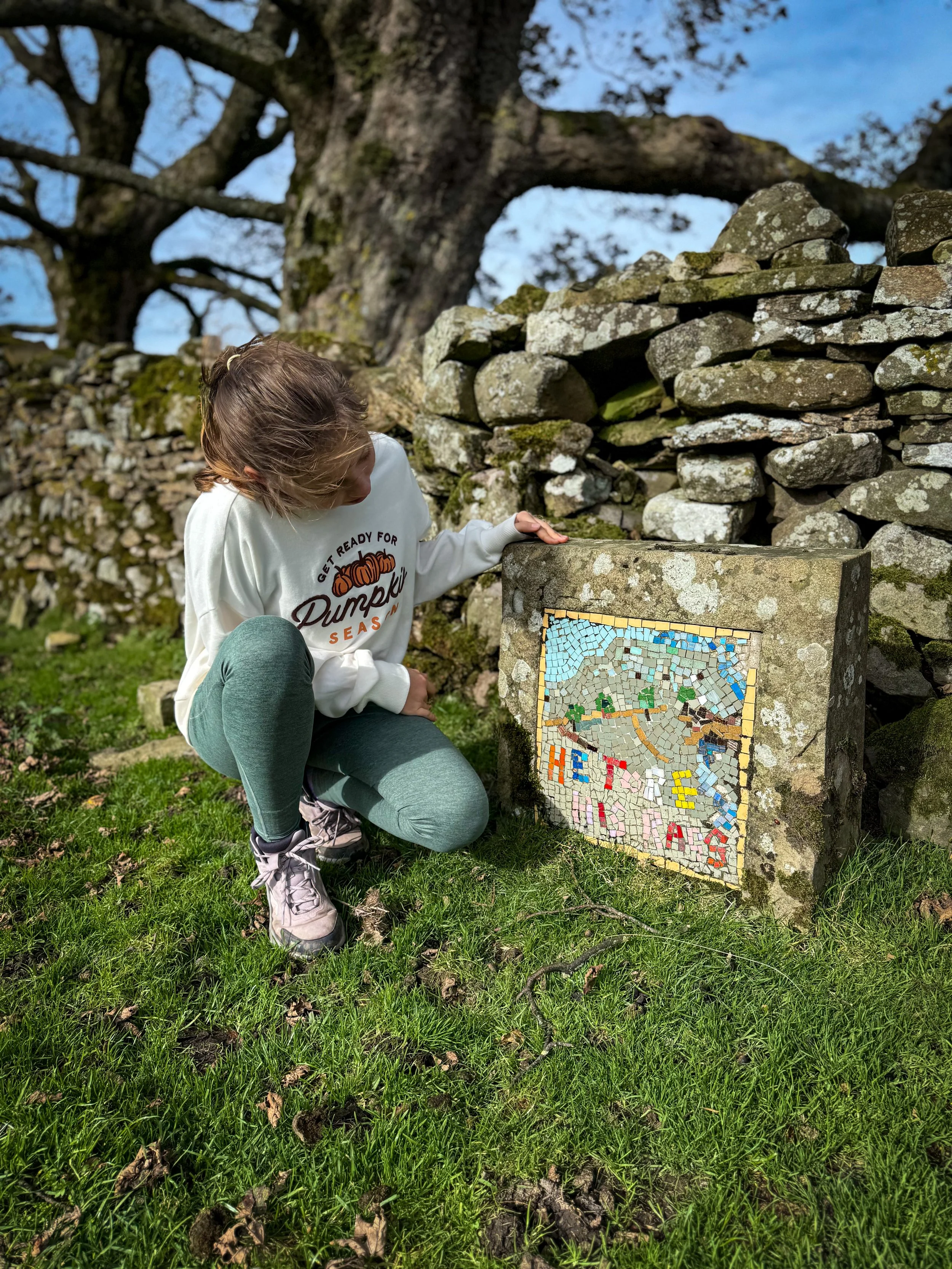A child crouching next to a mosaic tile with a picture on it next to a dry stone wall with a tree behind