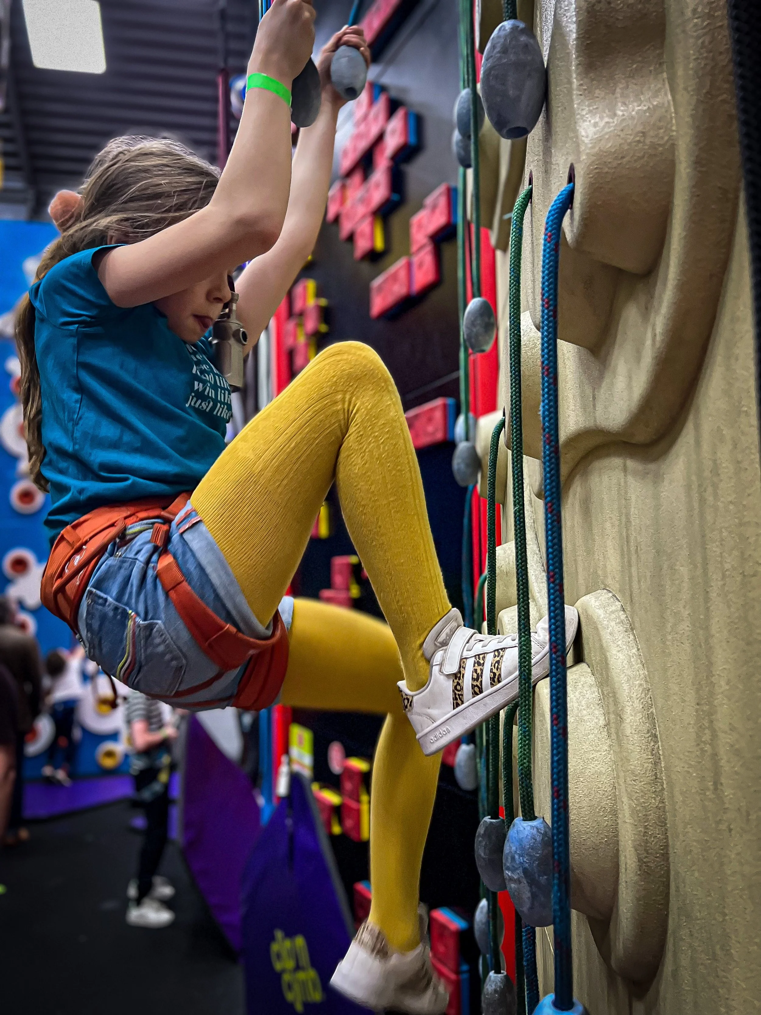 Child climbing at clip n climb with climbing walls and ropes