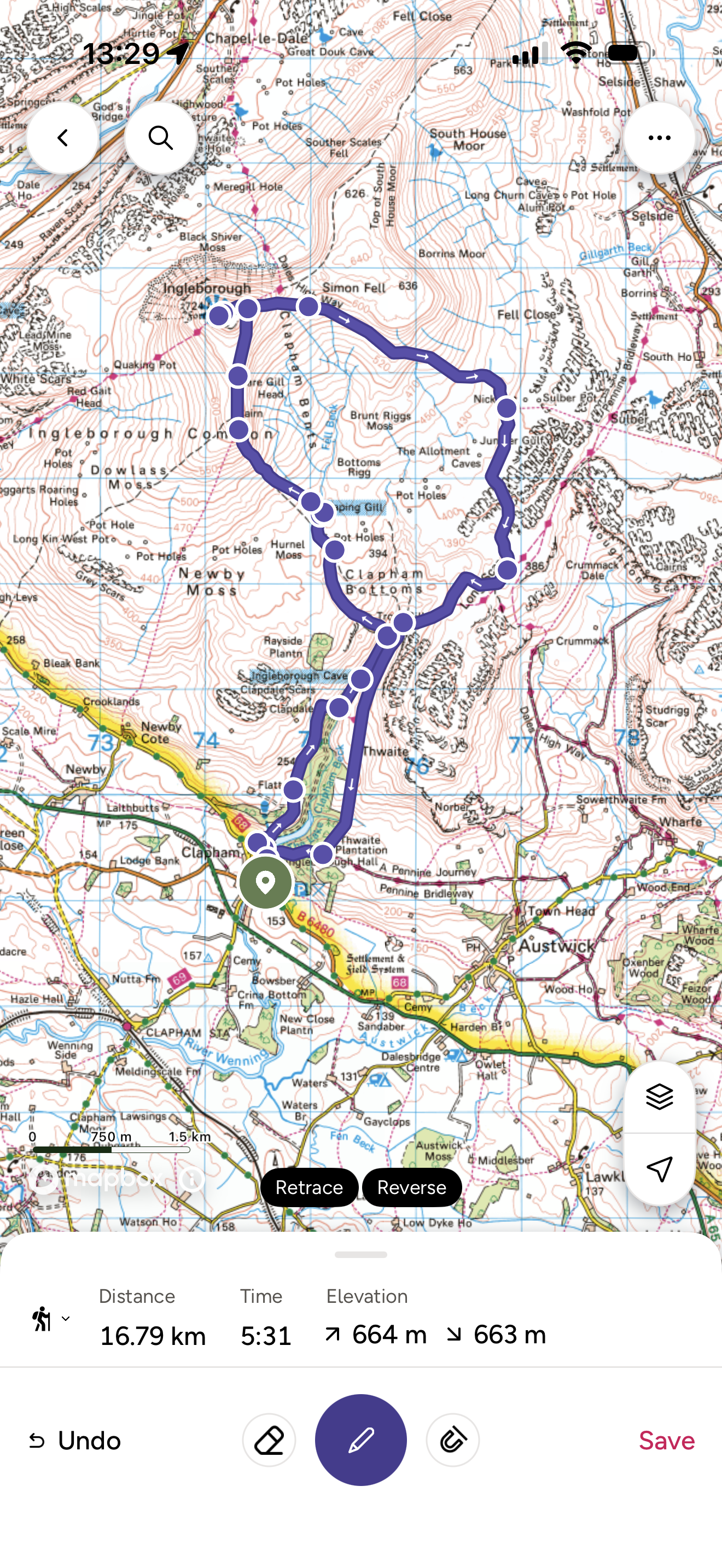 Route of ingleborough marked on an ordnance survey map