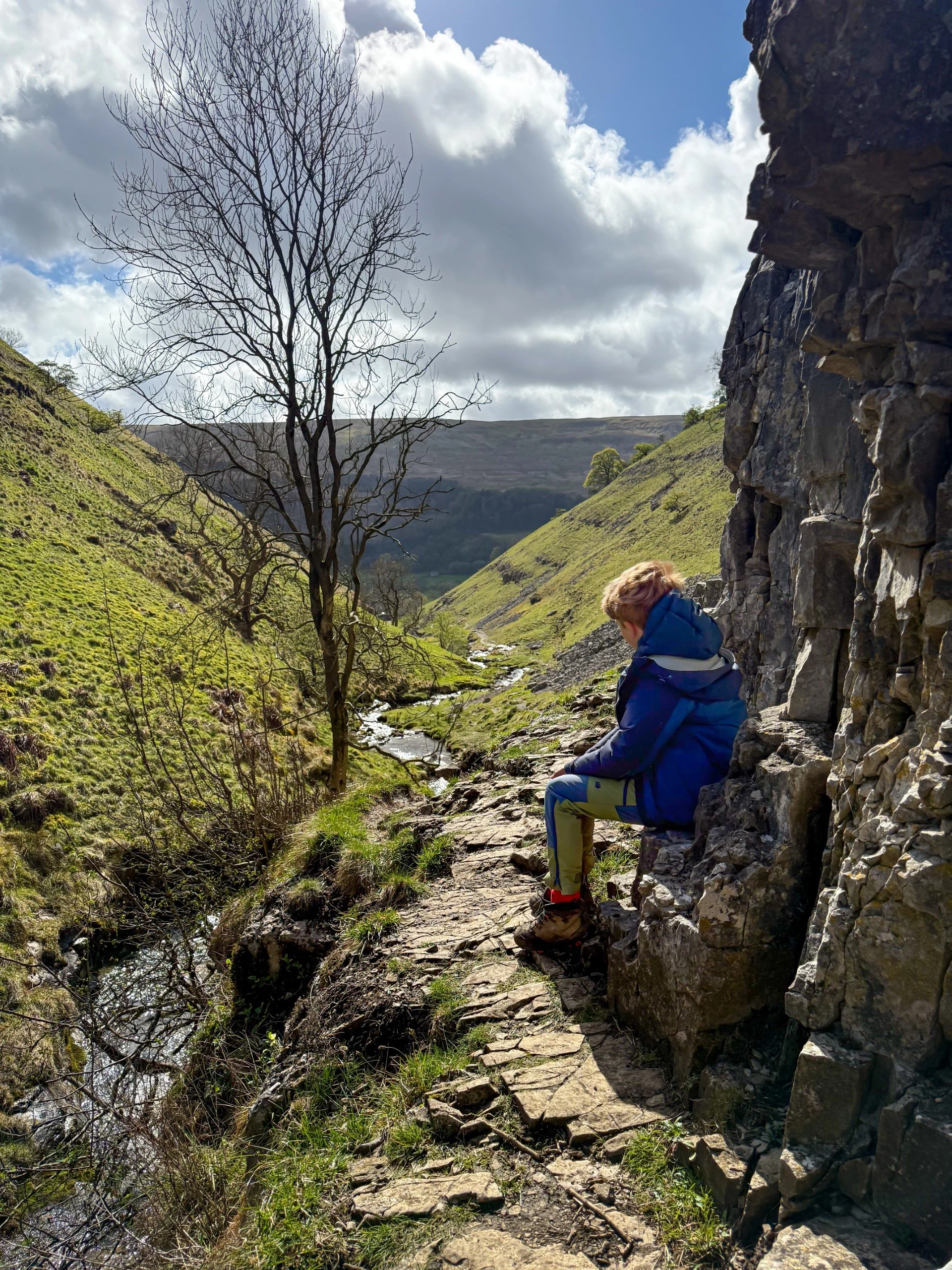 Child sitting on a rocky shelf with a tree and views behind