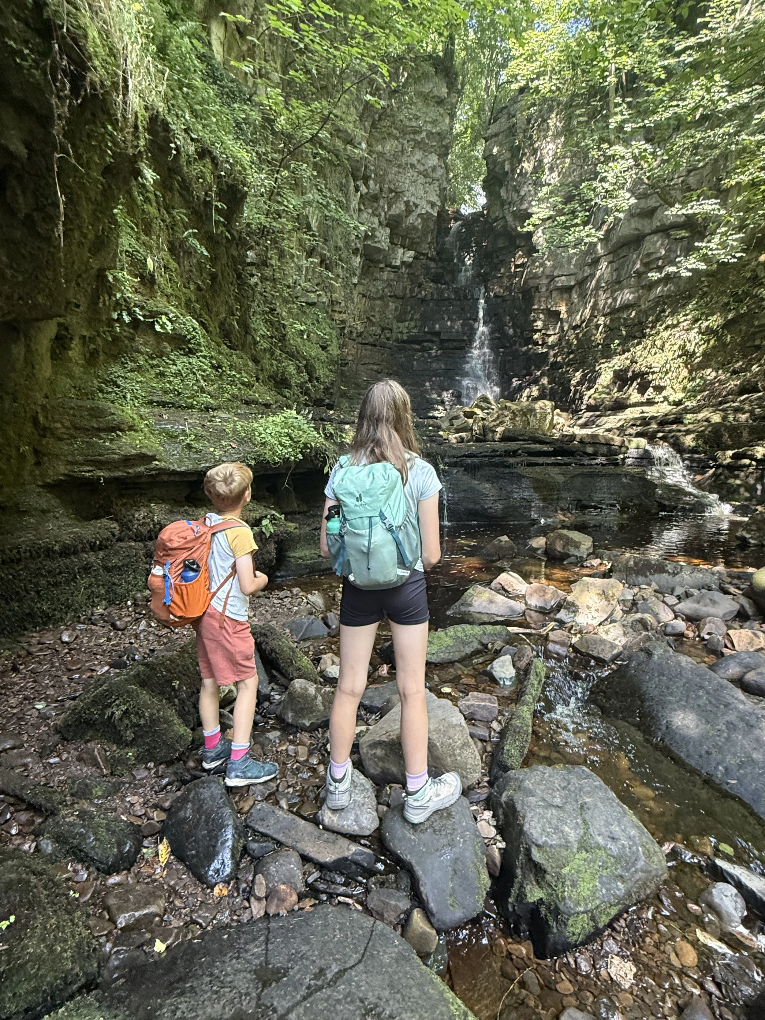 two children standing in front of a waterfall
