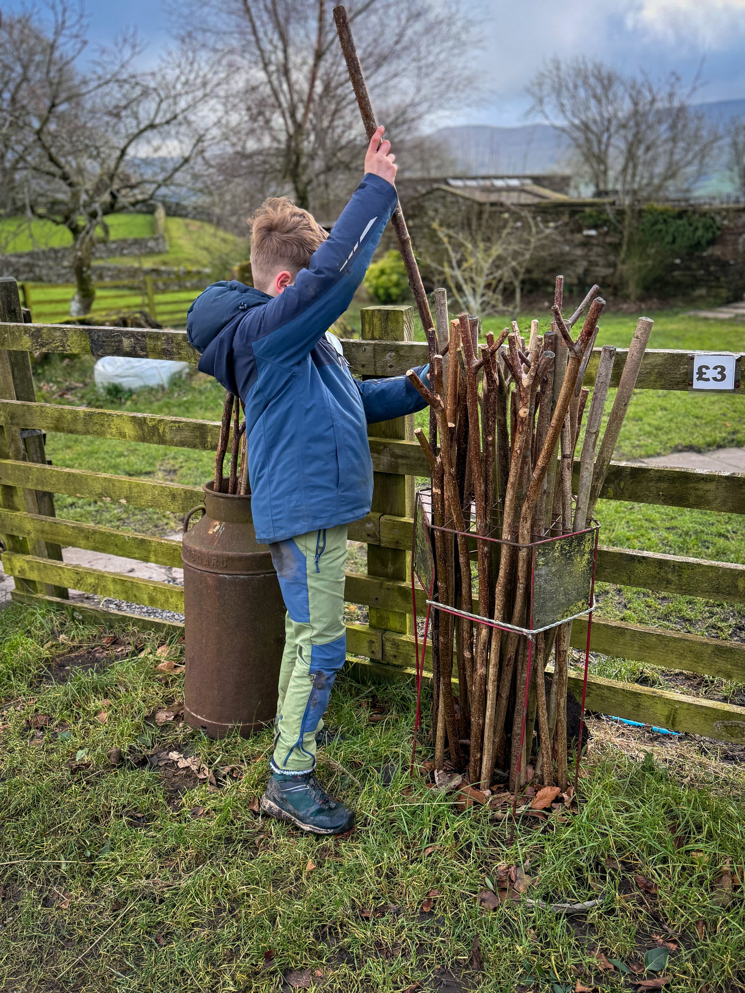 Child pulling out walking sticks from a stall next to a fence with £3 label on it