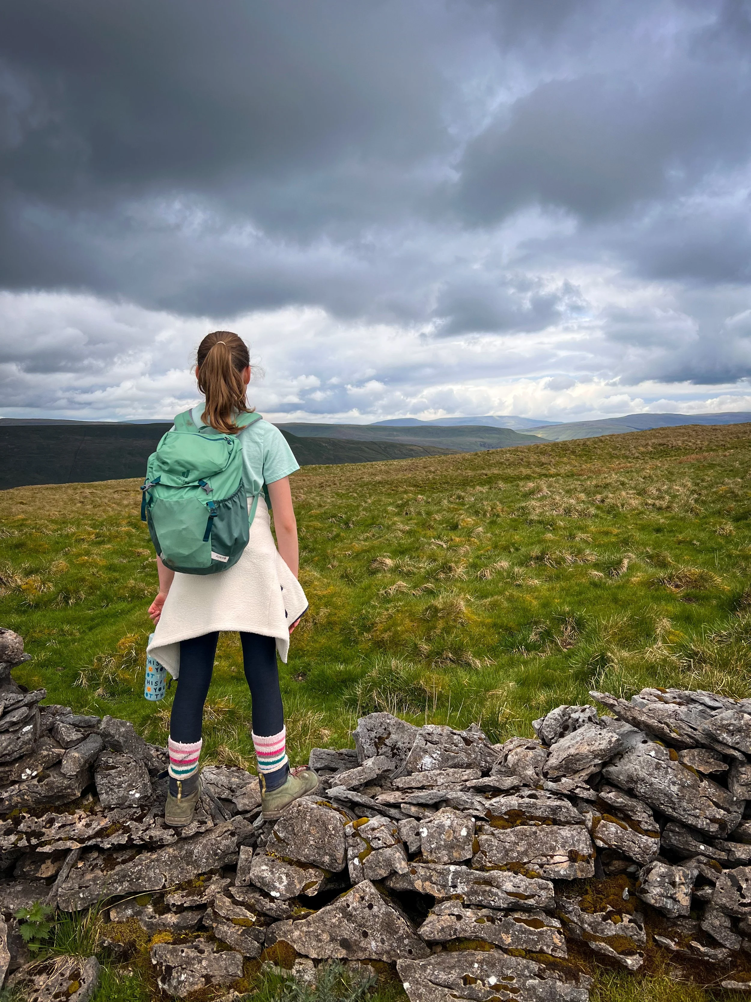 Child standing on rocks looking out at mountains