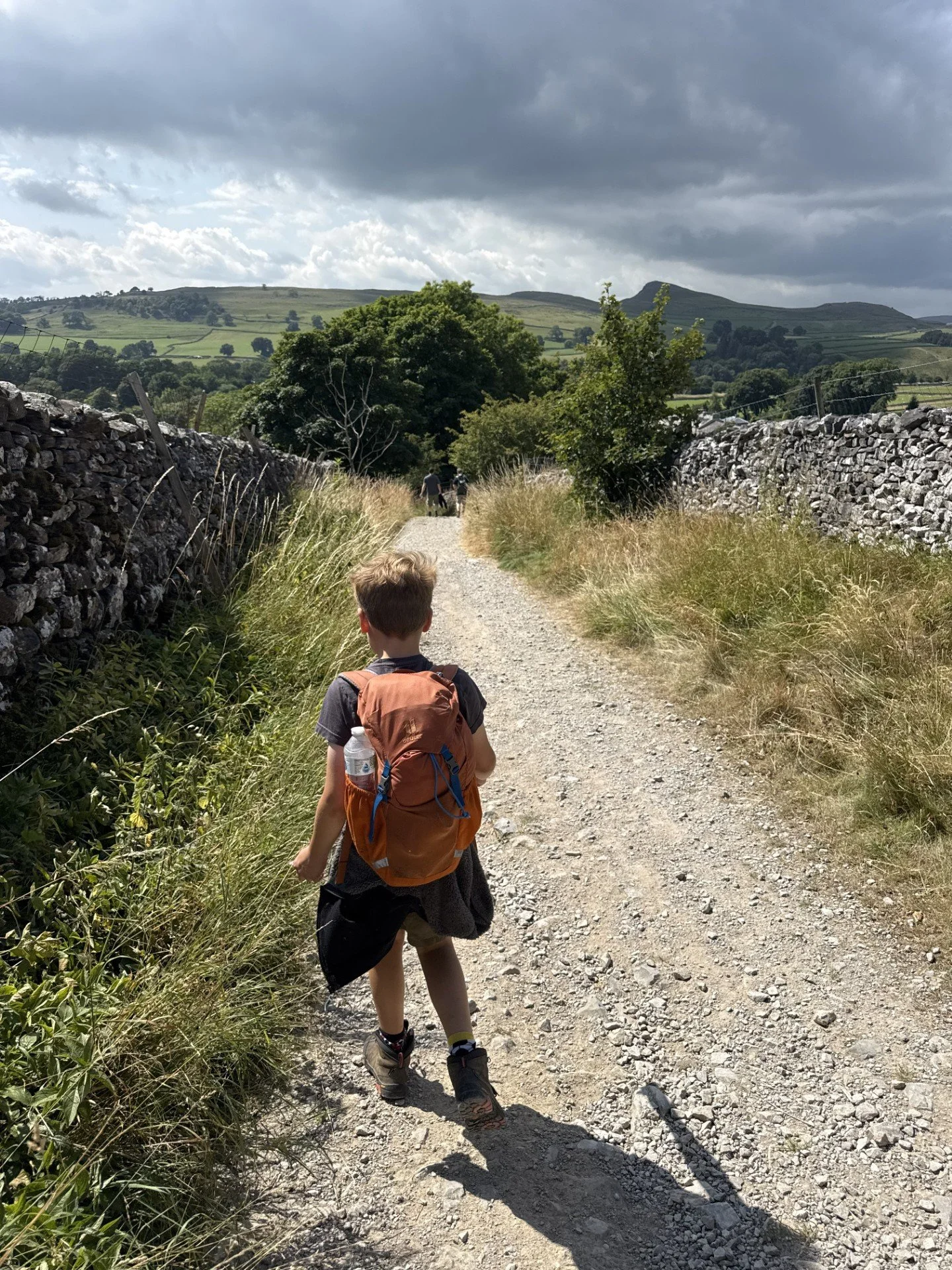 Child on a path with dry stone walls and trees and green grassy hills ahead