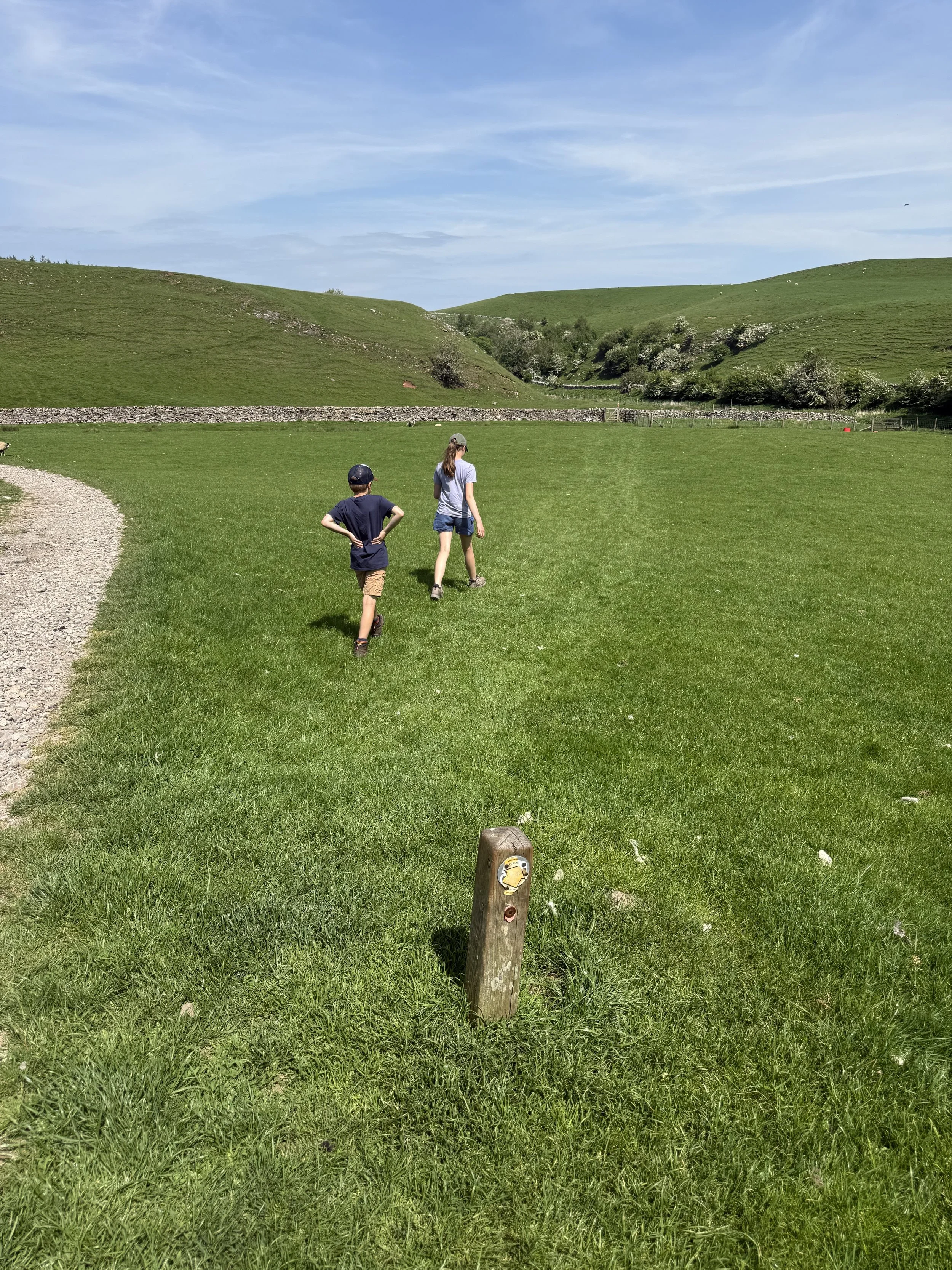 two children walking along a grassy path towards a dry stone wall with a hill ahead