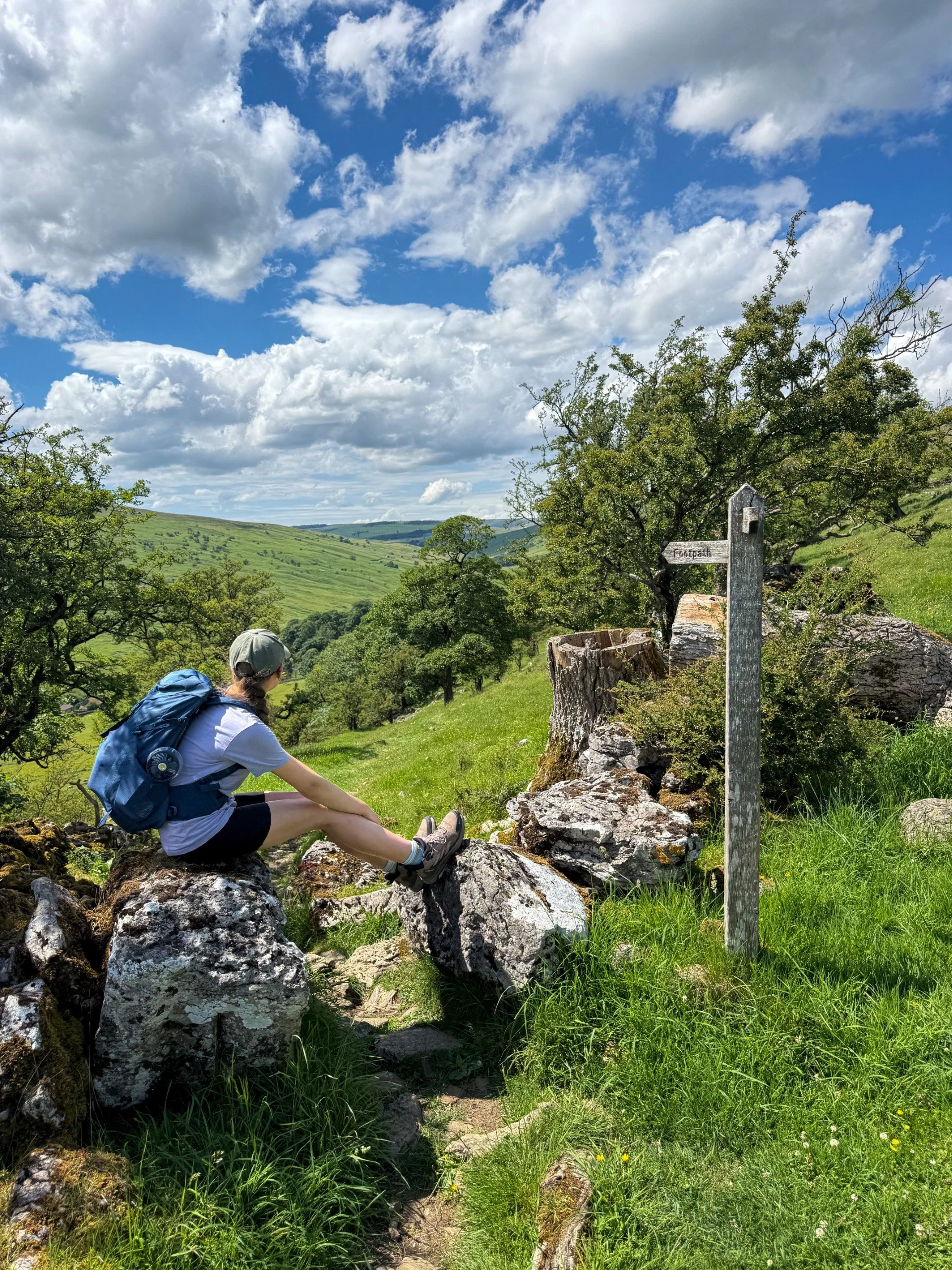 Child sat on a dry stone wall with a footpath sign, looking out at the view