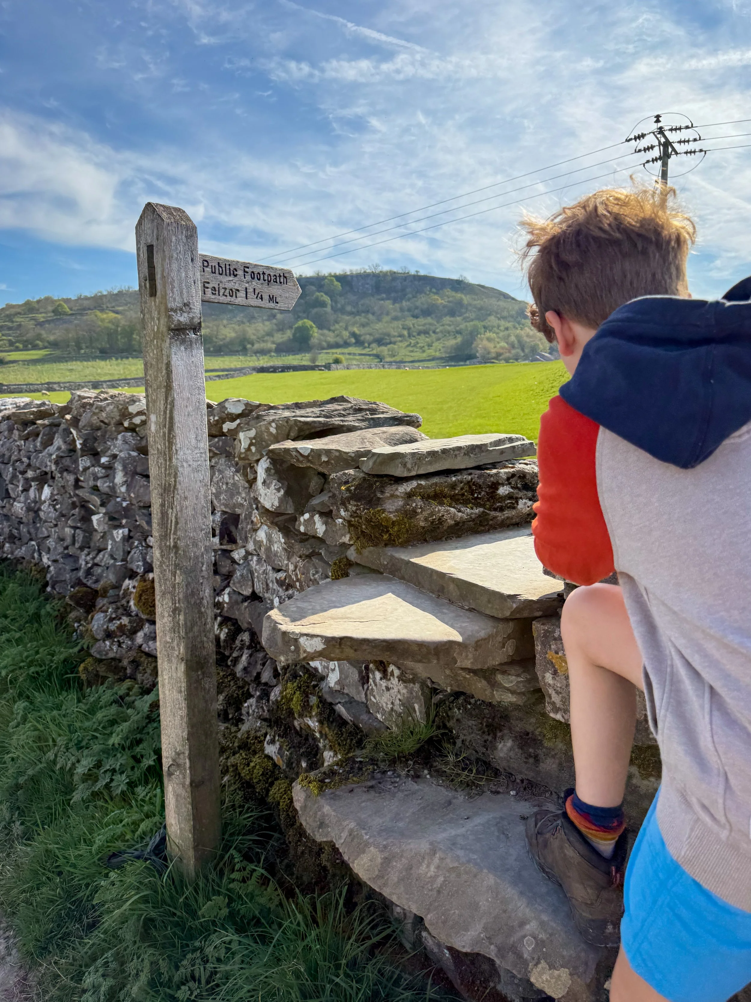Child climbing over a stile with a footpath sign and woods in the background