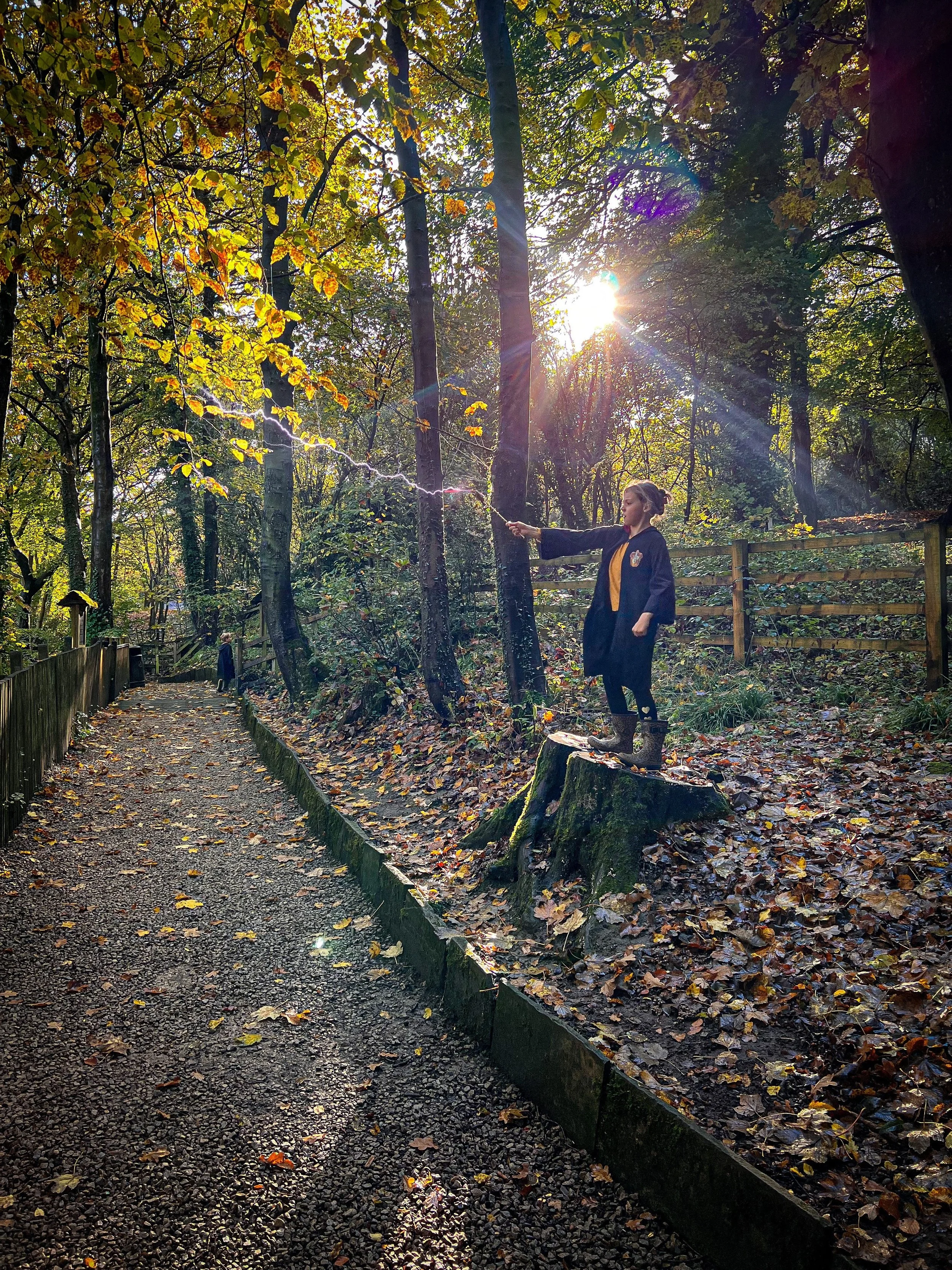Child standing on a tree stump in autumn woods dressed as a witch with a wand with lightening coming out of it