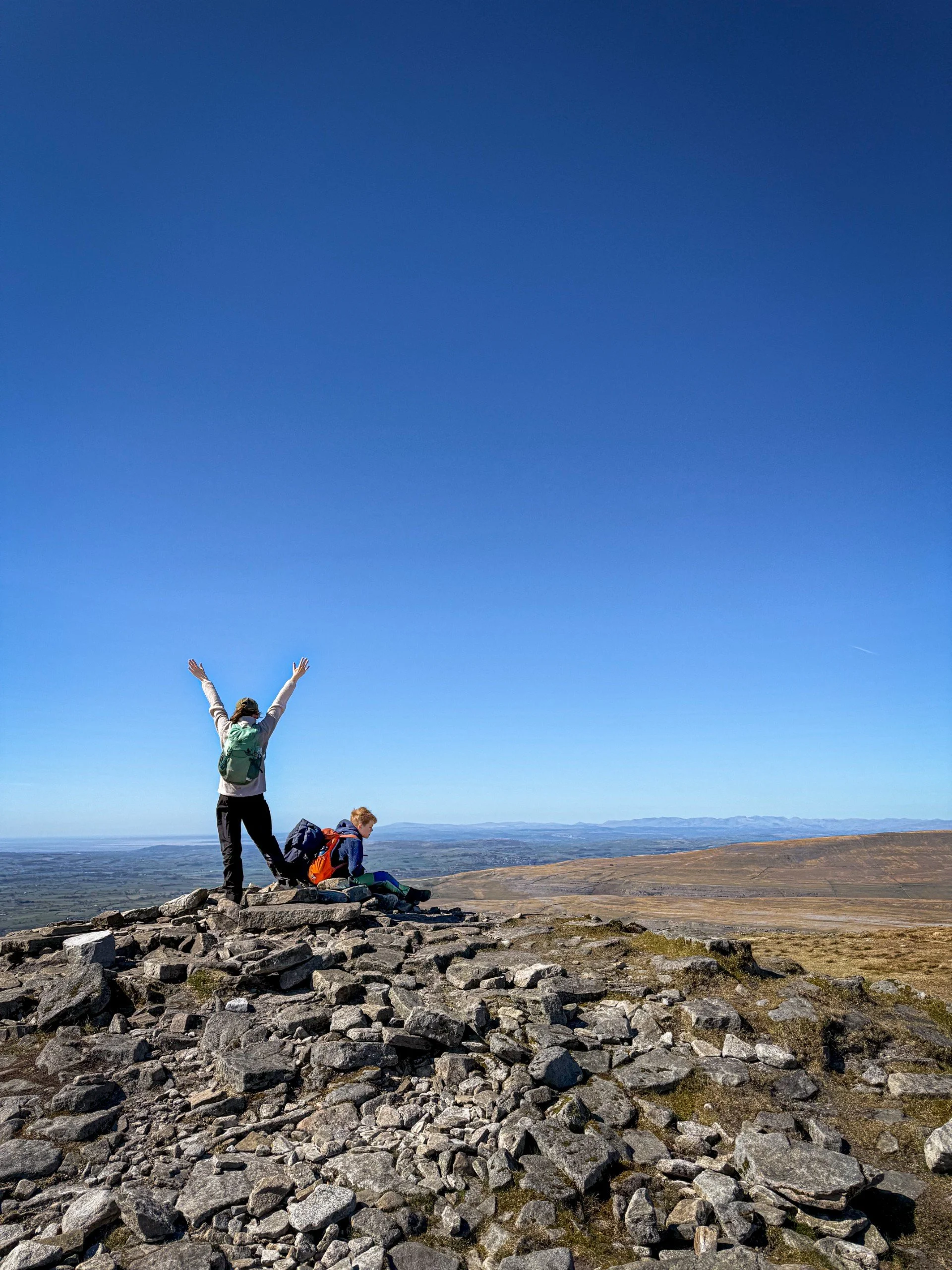 Two children on a pile of rocks, one sitting one standing with arms in the air under blue sky and with mountains in the distance