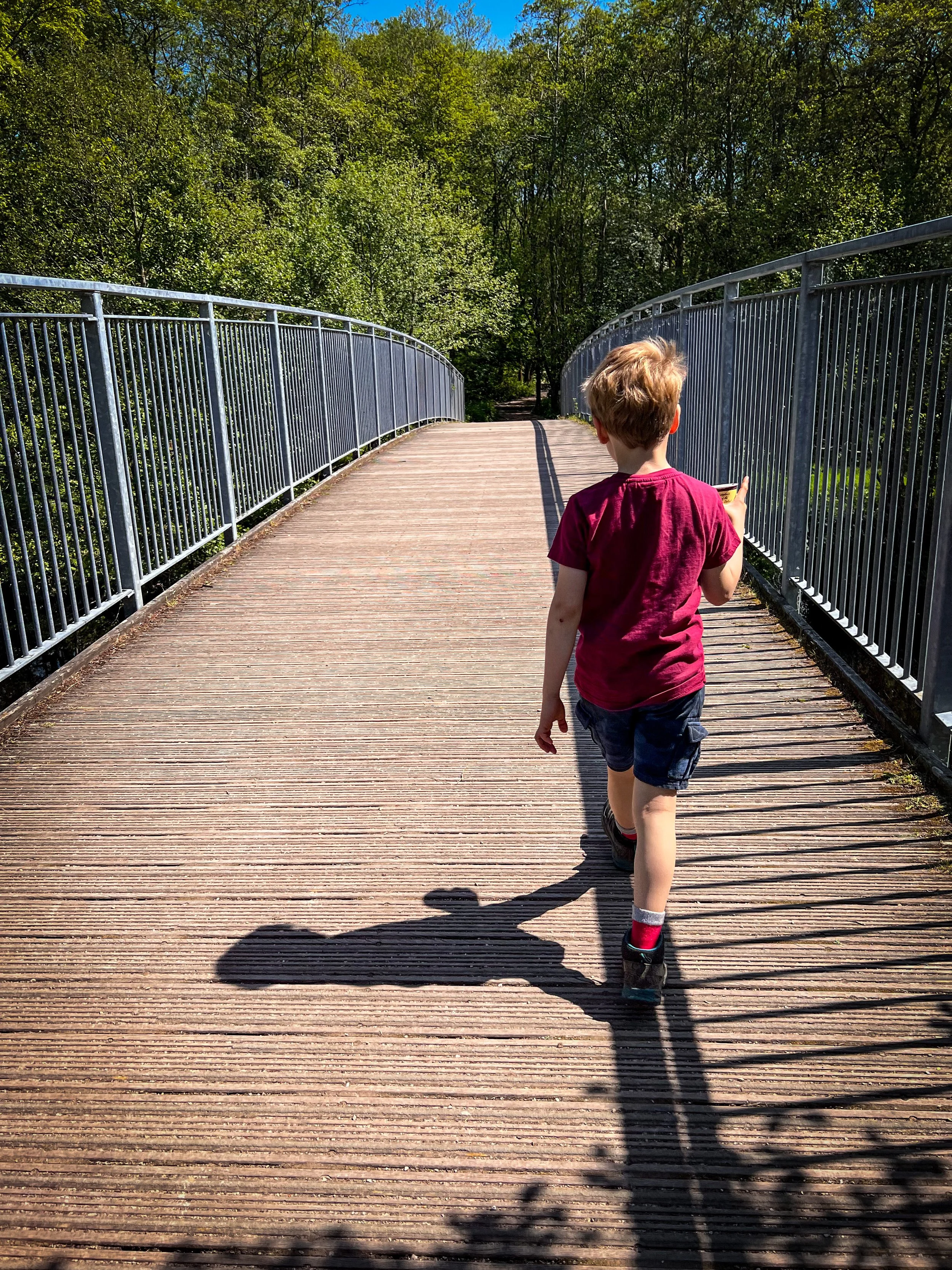 Child walking on wooden slatted bridge with metal railings either side