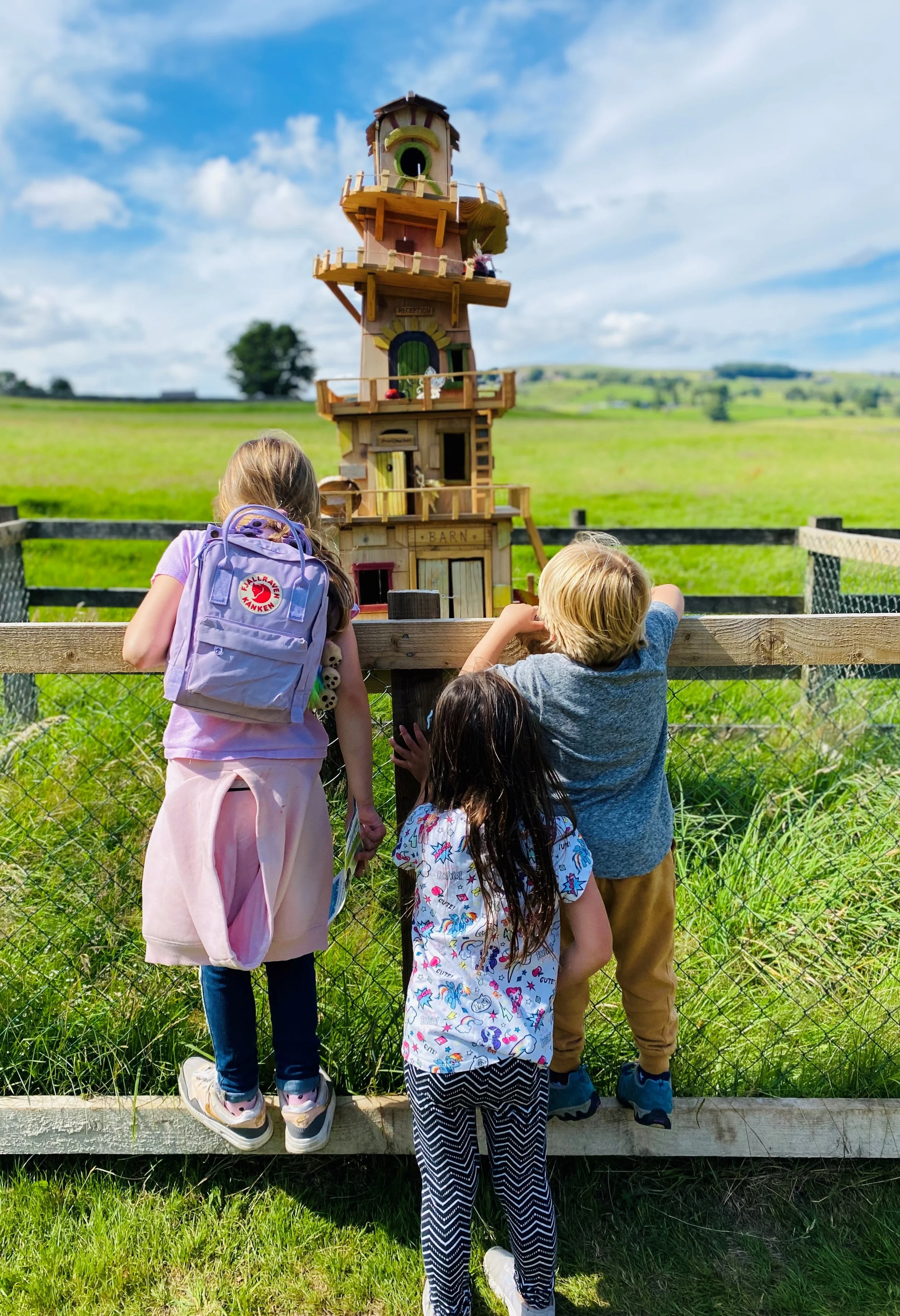 three children in front of a fairy house in a field