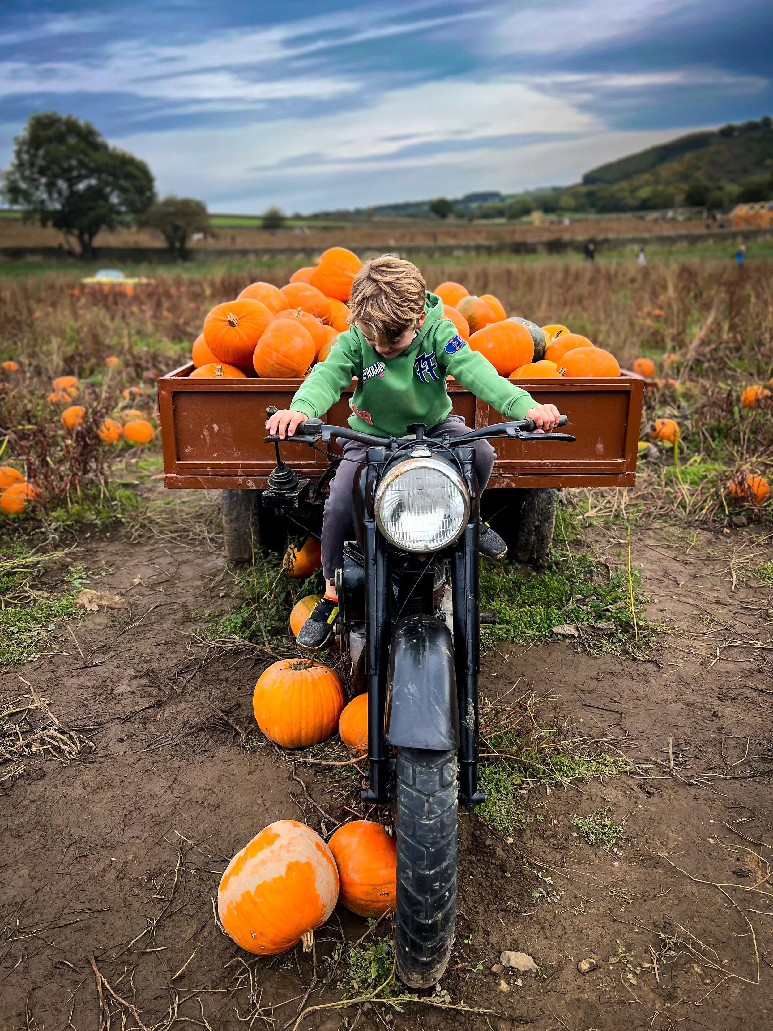 Child sat on a motorbike surrounded by pumpkins in a large field