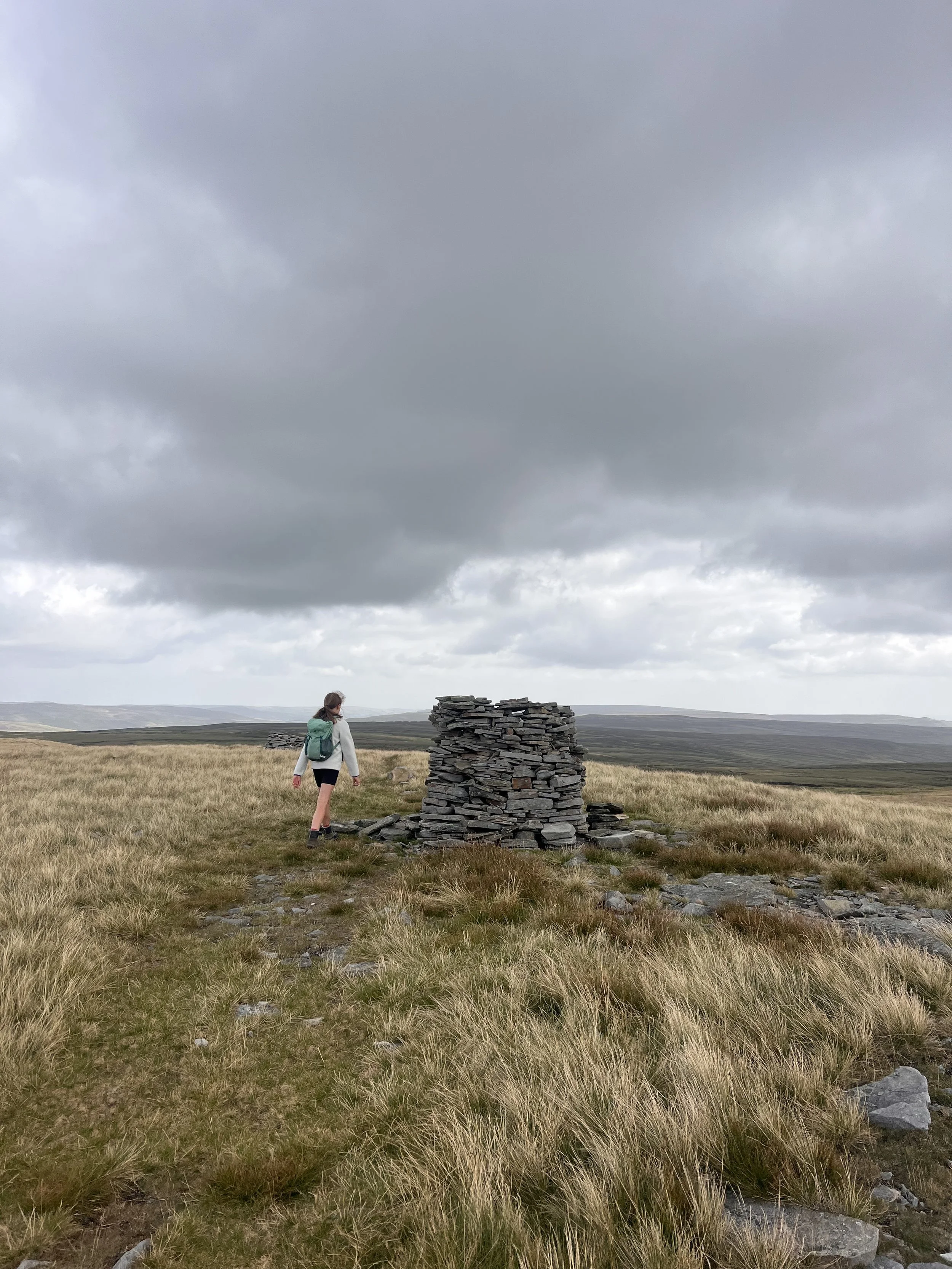 The view from behind a dry stone wall with moorland beyond under great skies