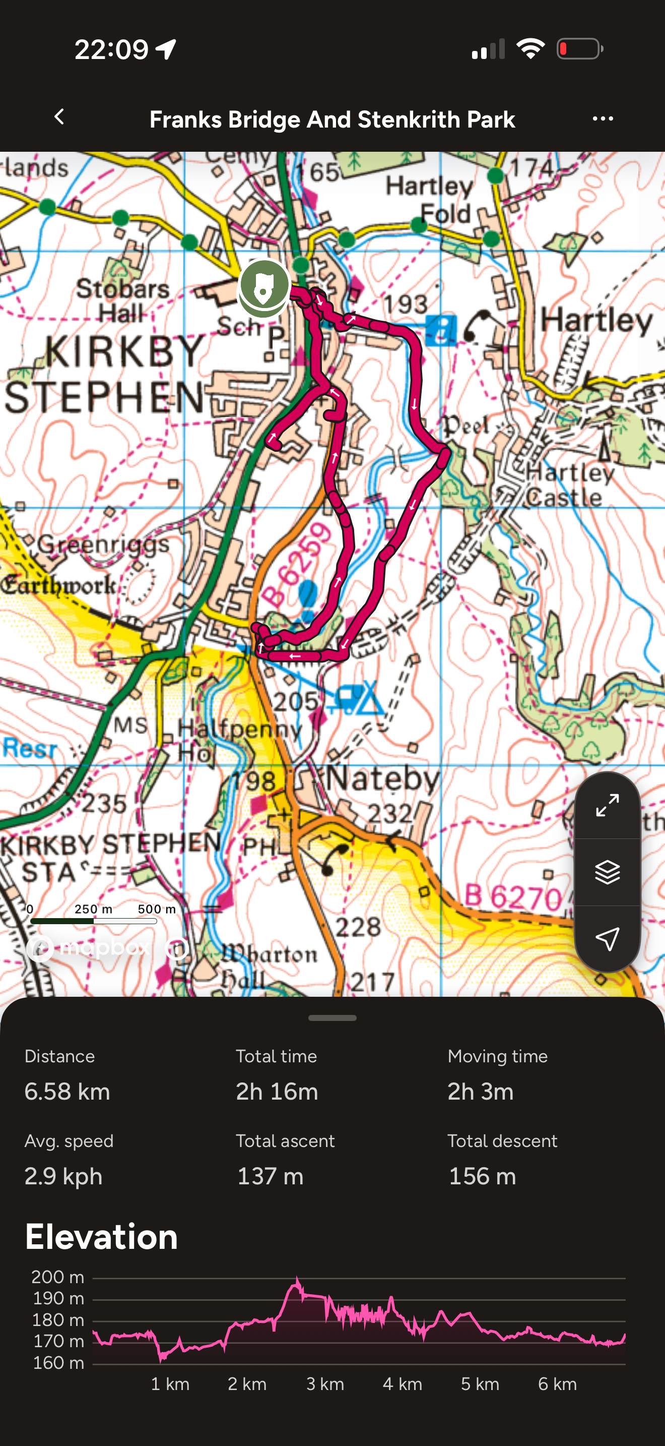 Map of a route on an Ordnance Survey map