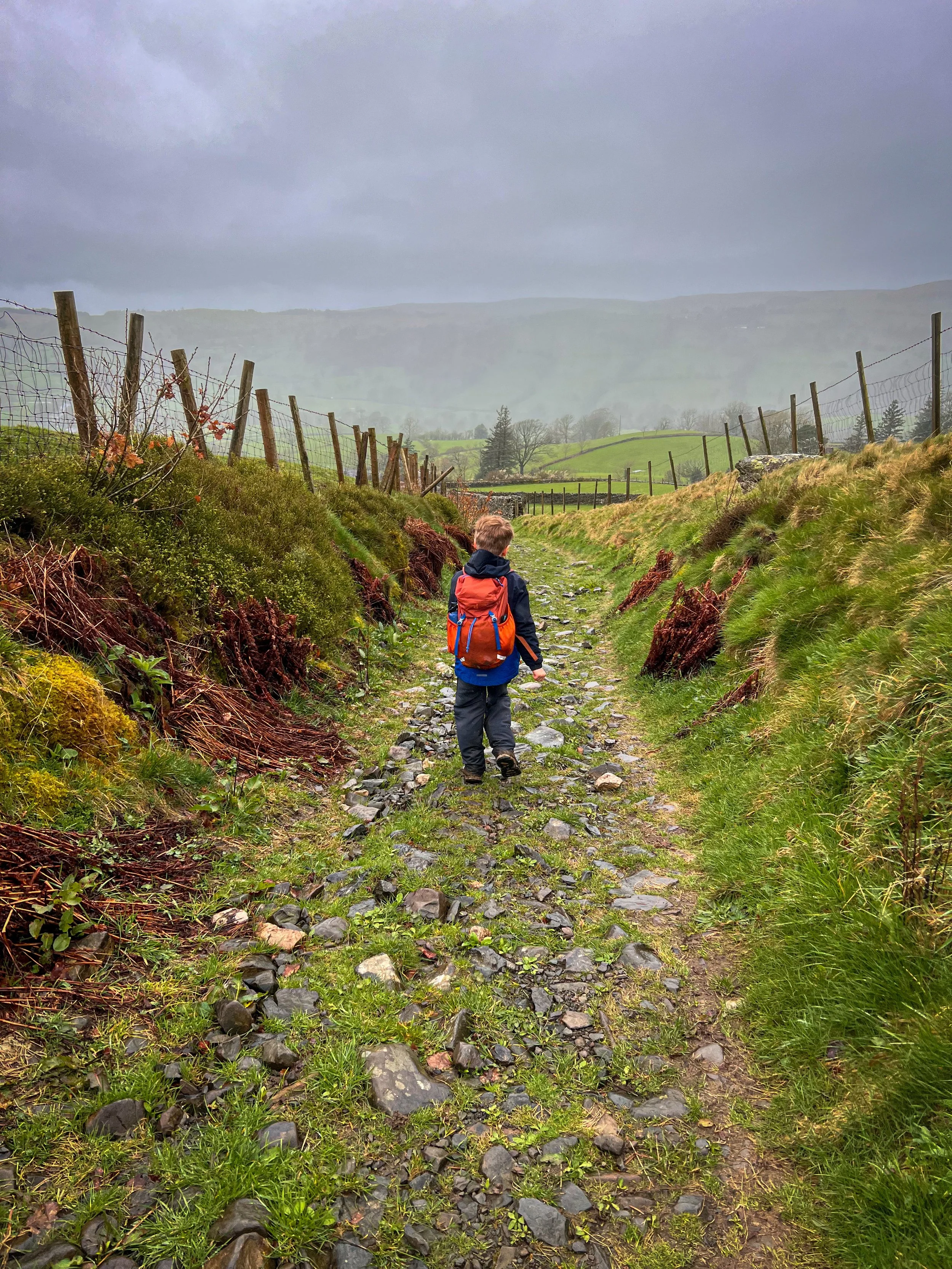 Child walking down a stony track with fences each side