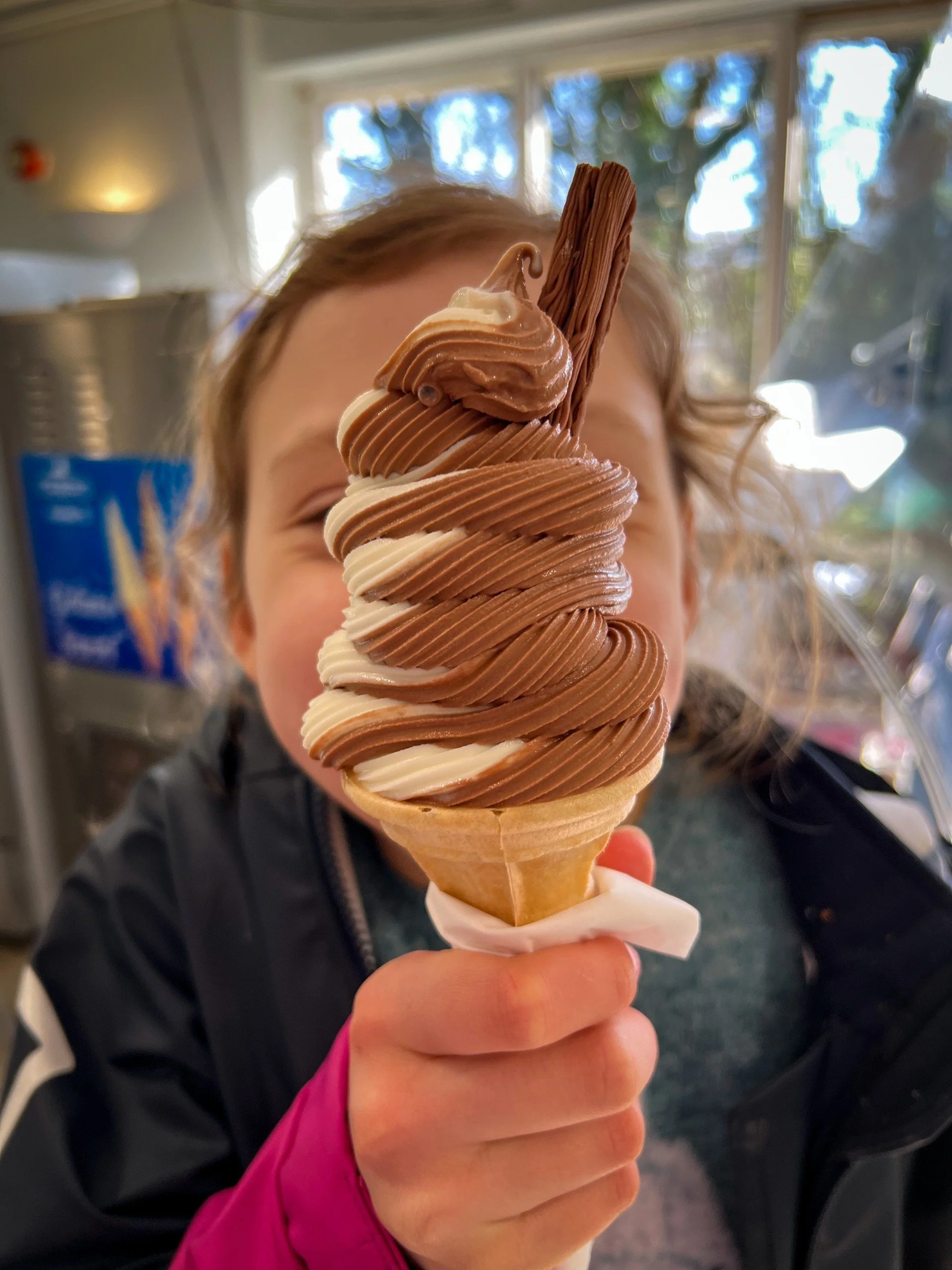 Child with an ice cream in front of her face in an ice cream shop