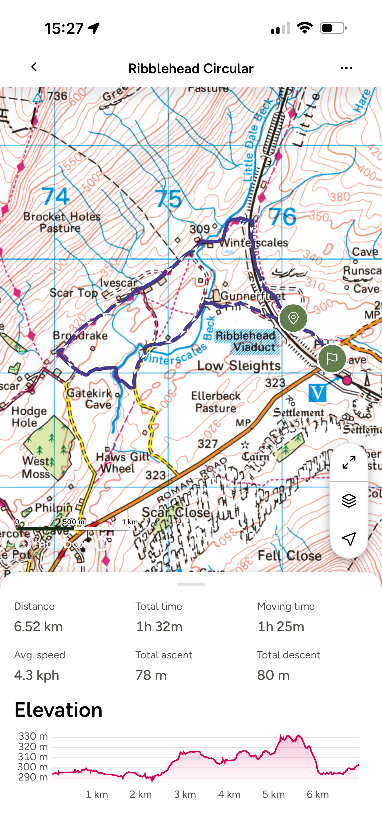 The ordnance survey map of the Ribblehead viaduct and route