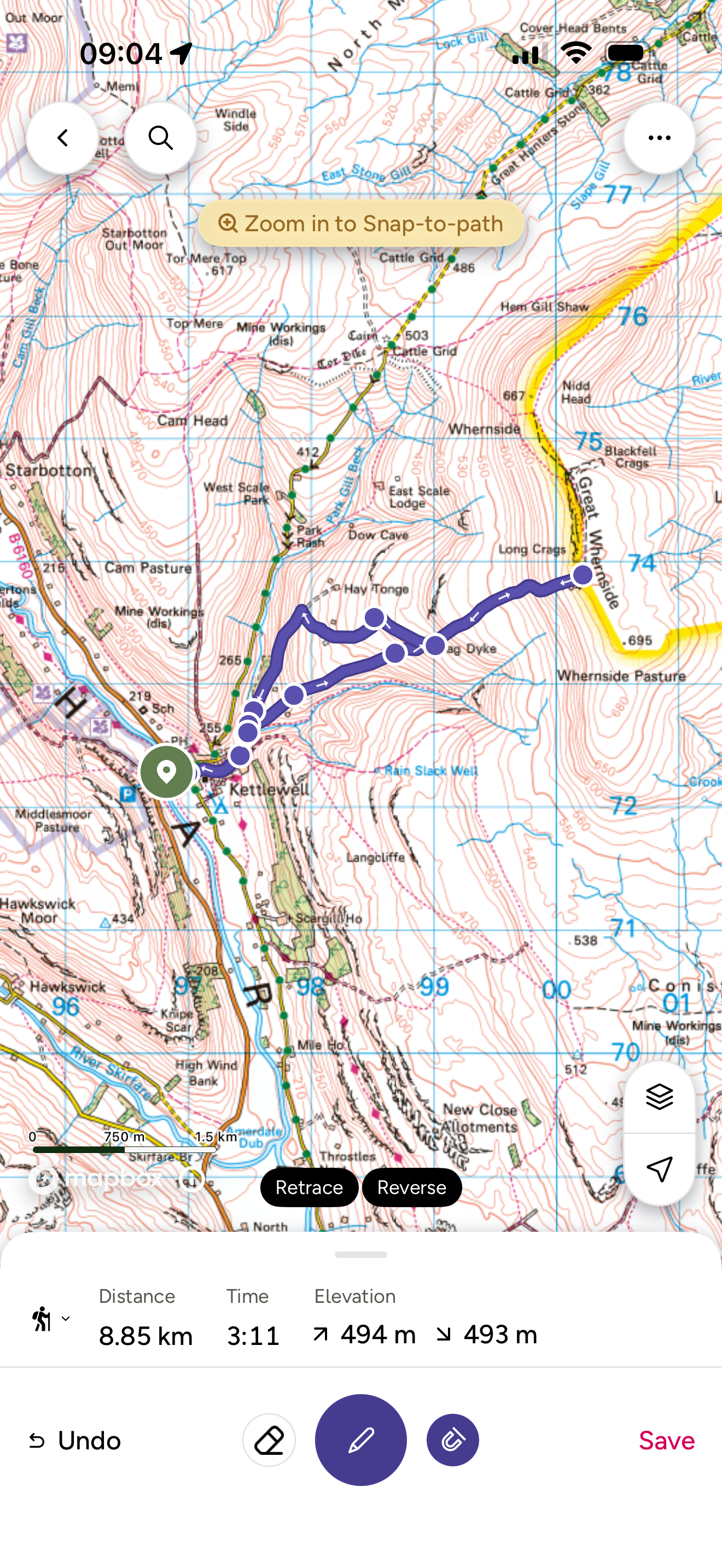 Ordnance Survey map of short route