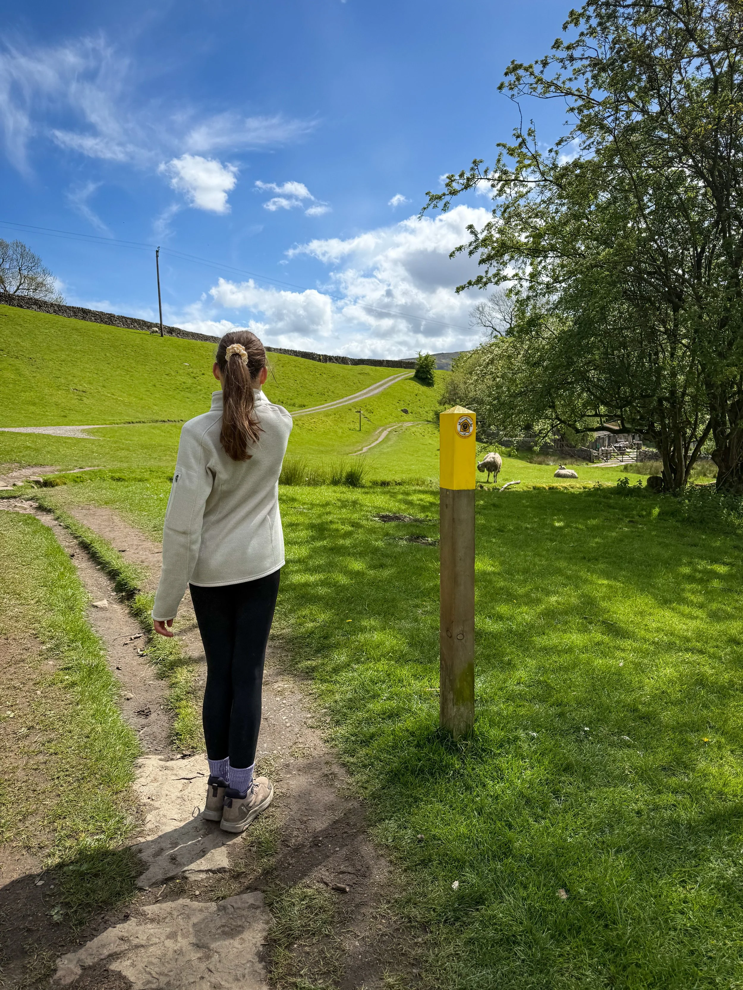 Child pointing in the direction of a gate in a wall next to a yellow topped waymarker