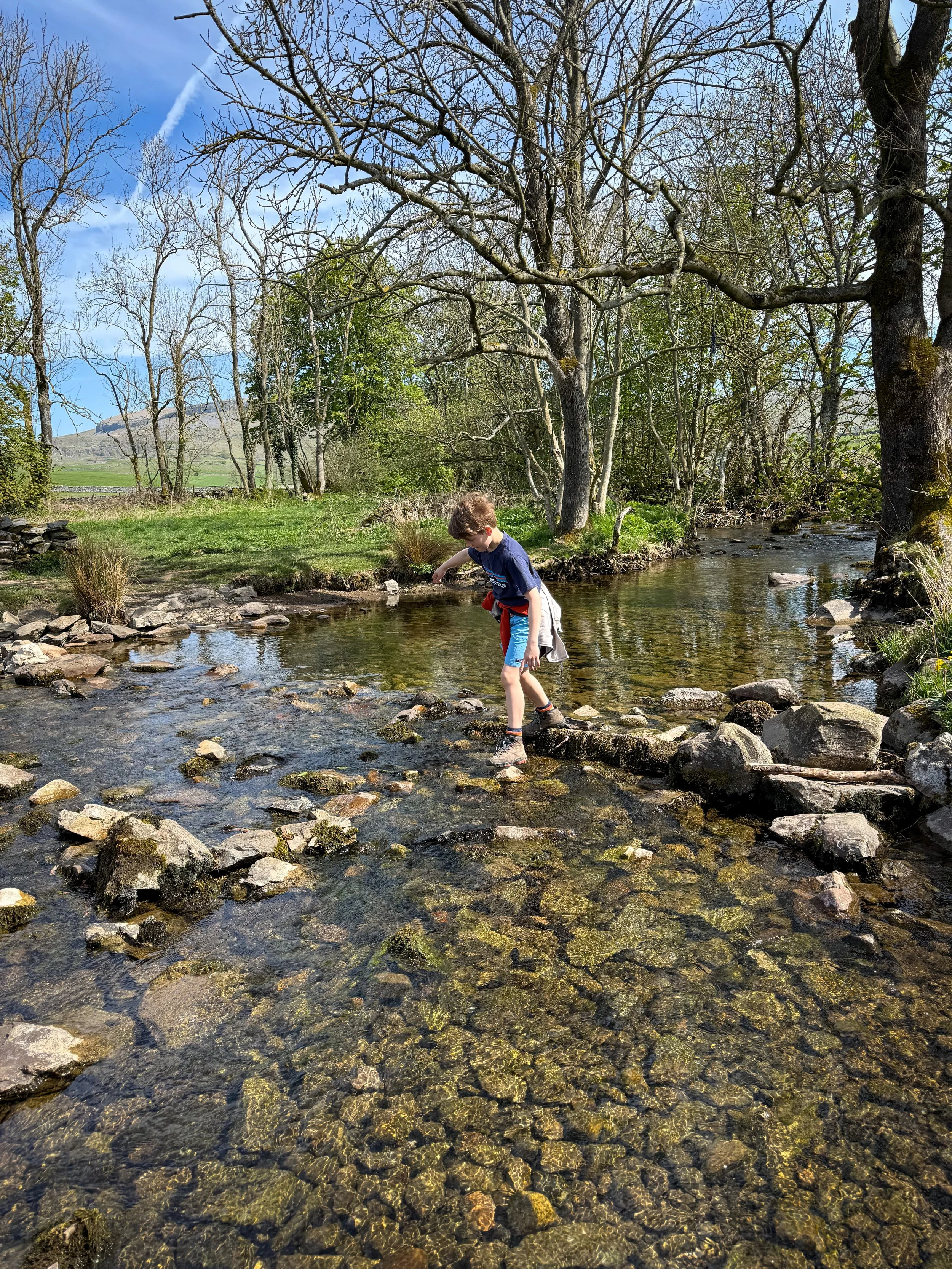 Child hopping across stones in a stream in Spring