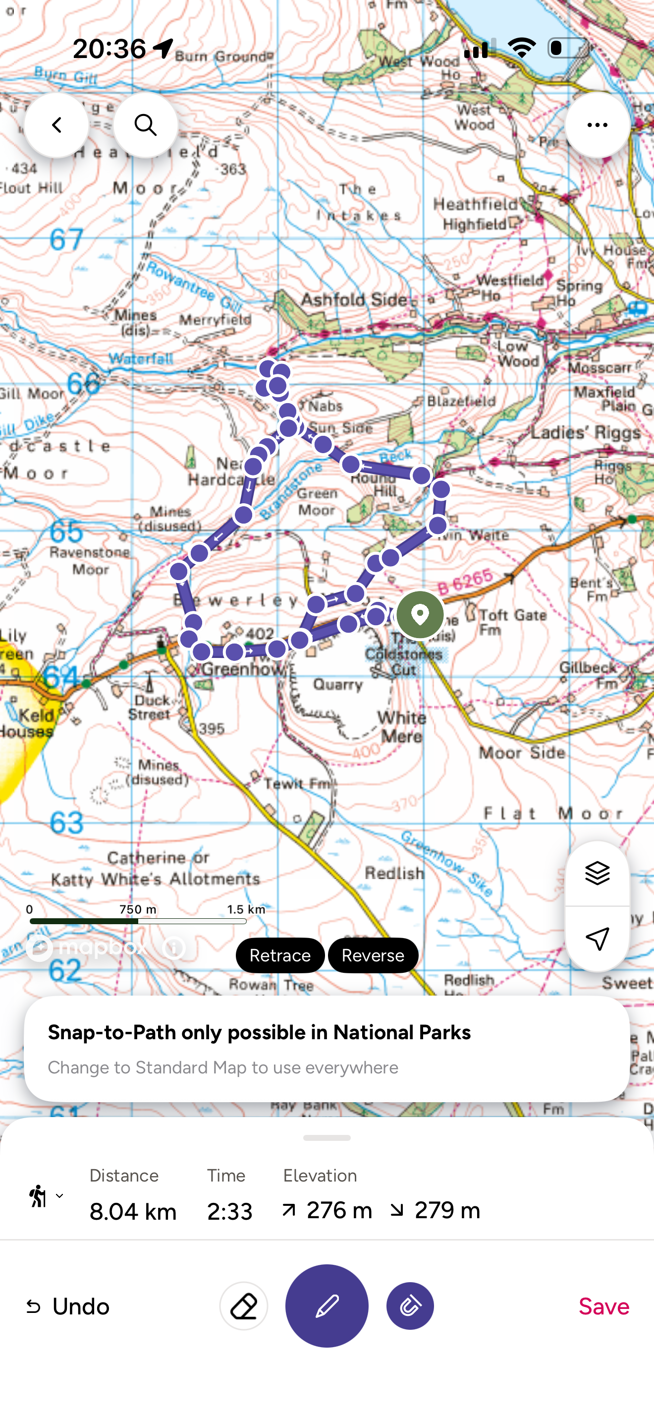 Ordnance Survey map with route plotted on it