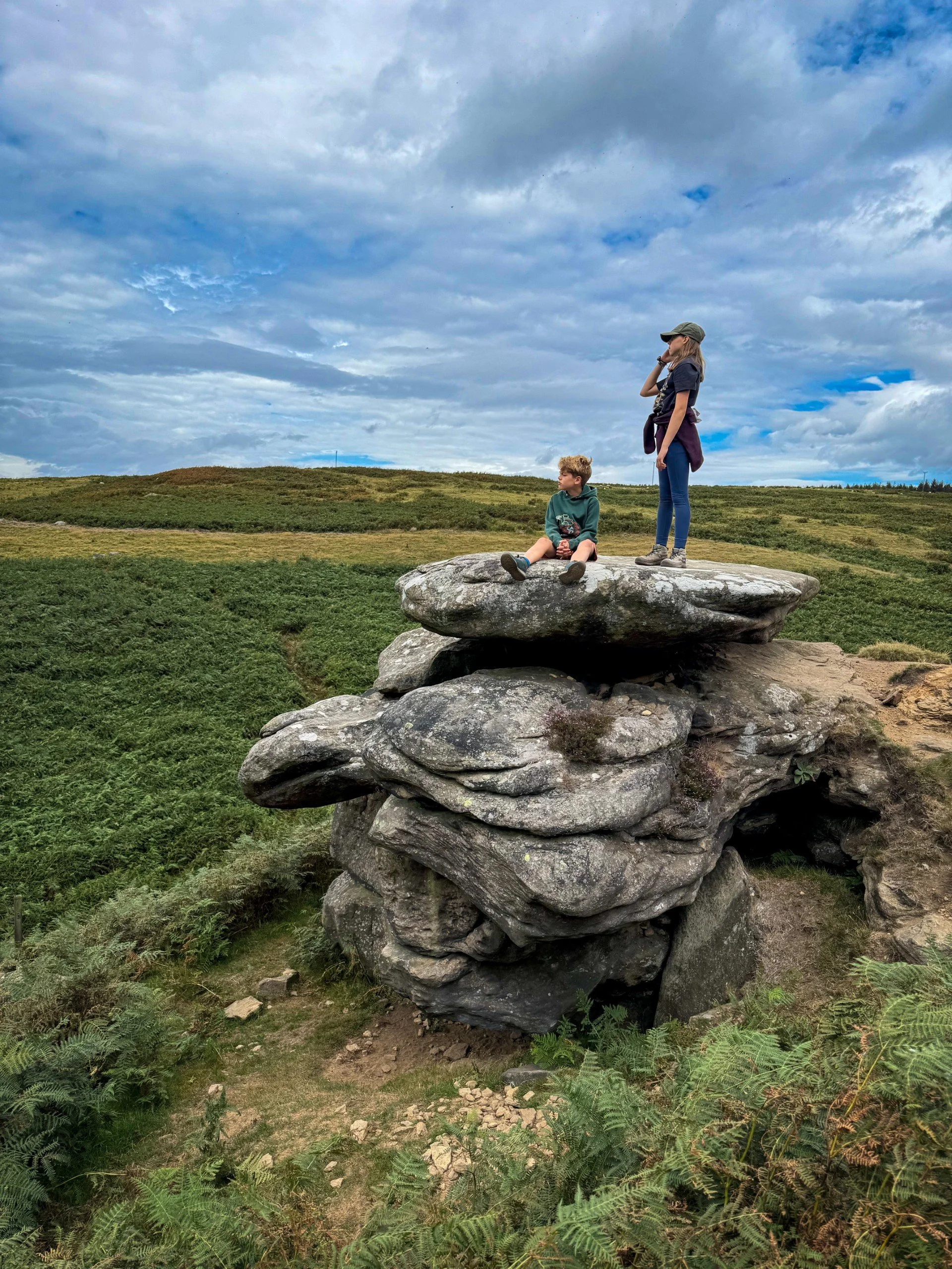 Children standing on a large rock with moorland behind