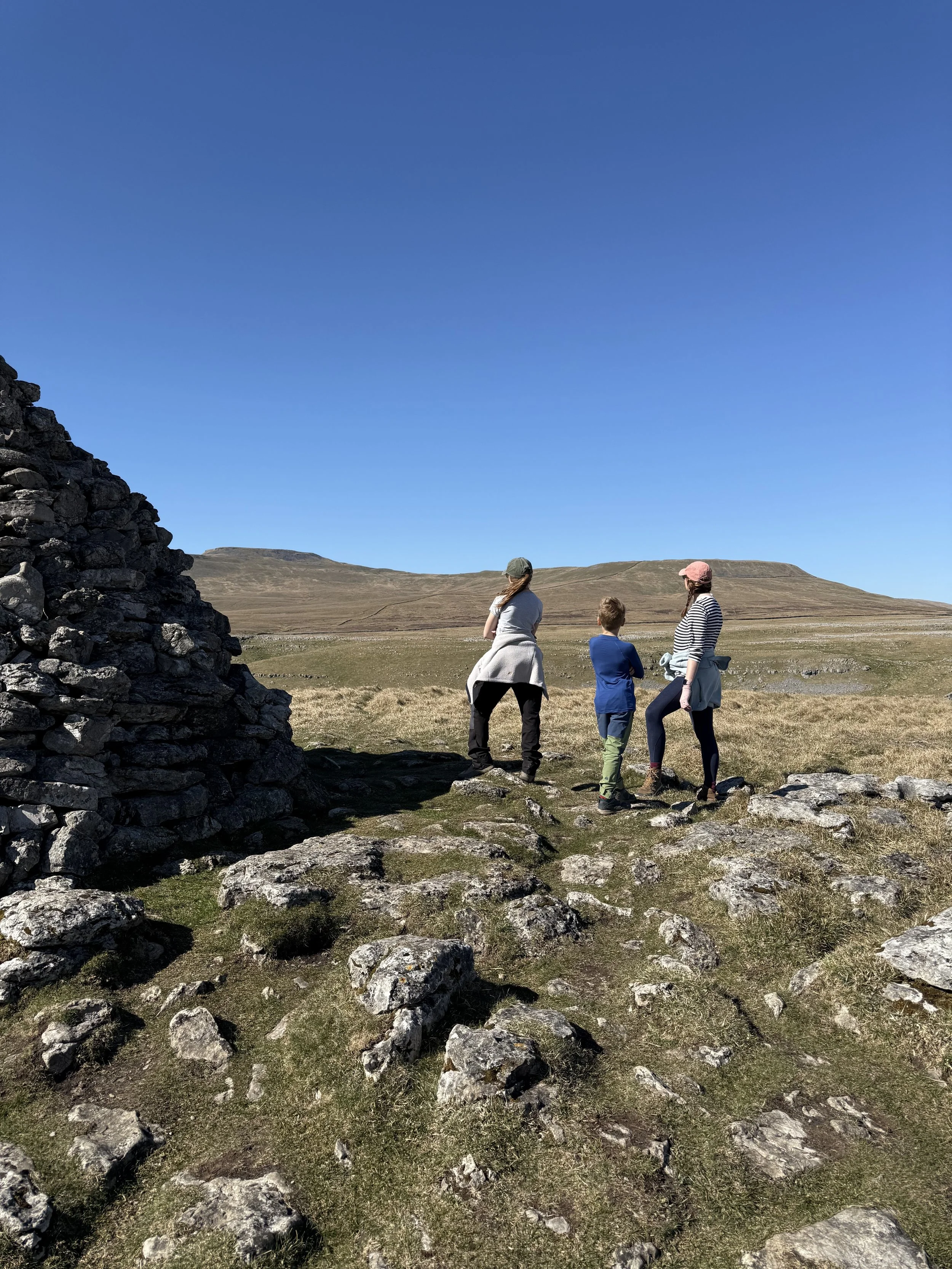 A mum and two children standing looking out at Ingleborough mountain with a large stone cairn to the left and blue skies above