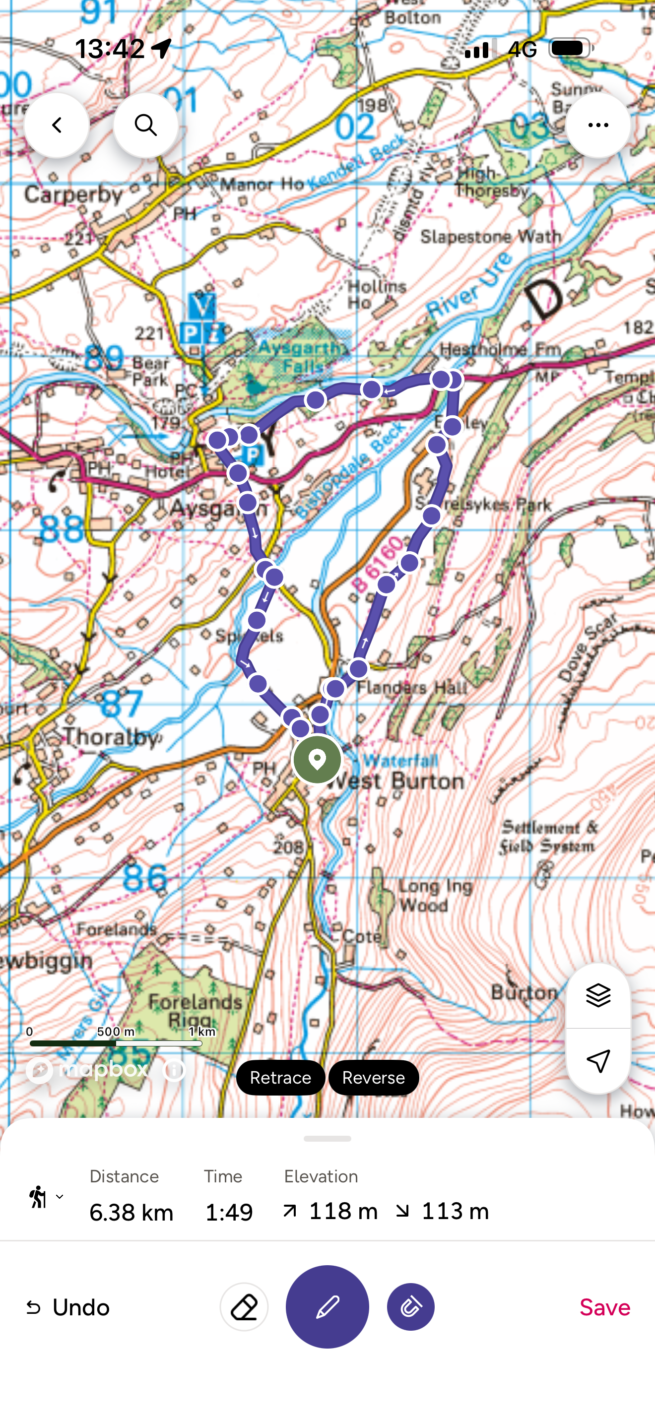 Ordnance Survey map of a route from west burton to Aysgarth falls