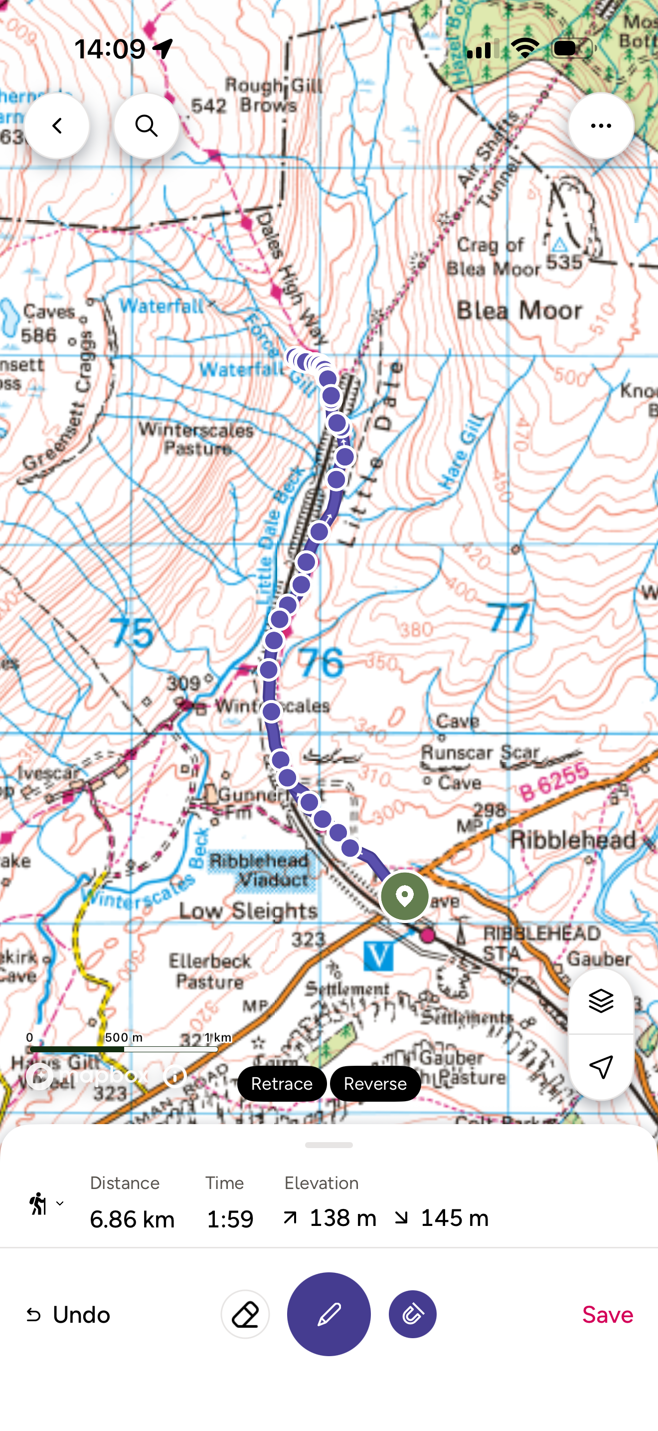 Ordnance Survey map of a route to Force Gill with route plotted on it