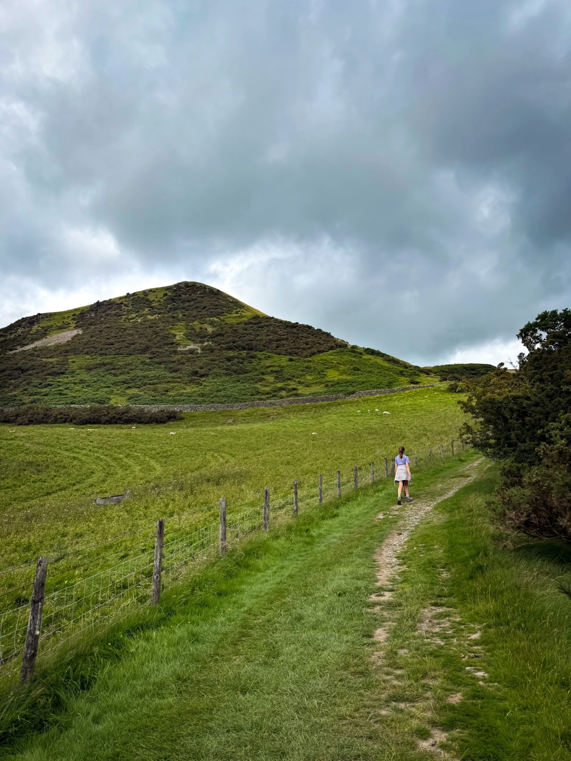 Children walking towards a large grassy fell under cloudy skies in the summer