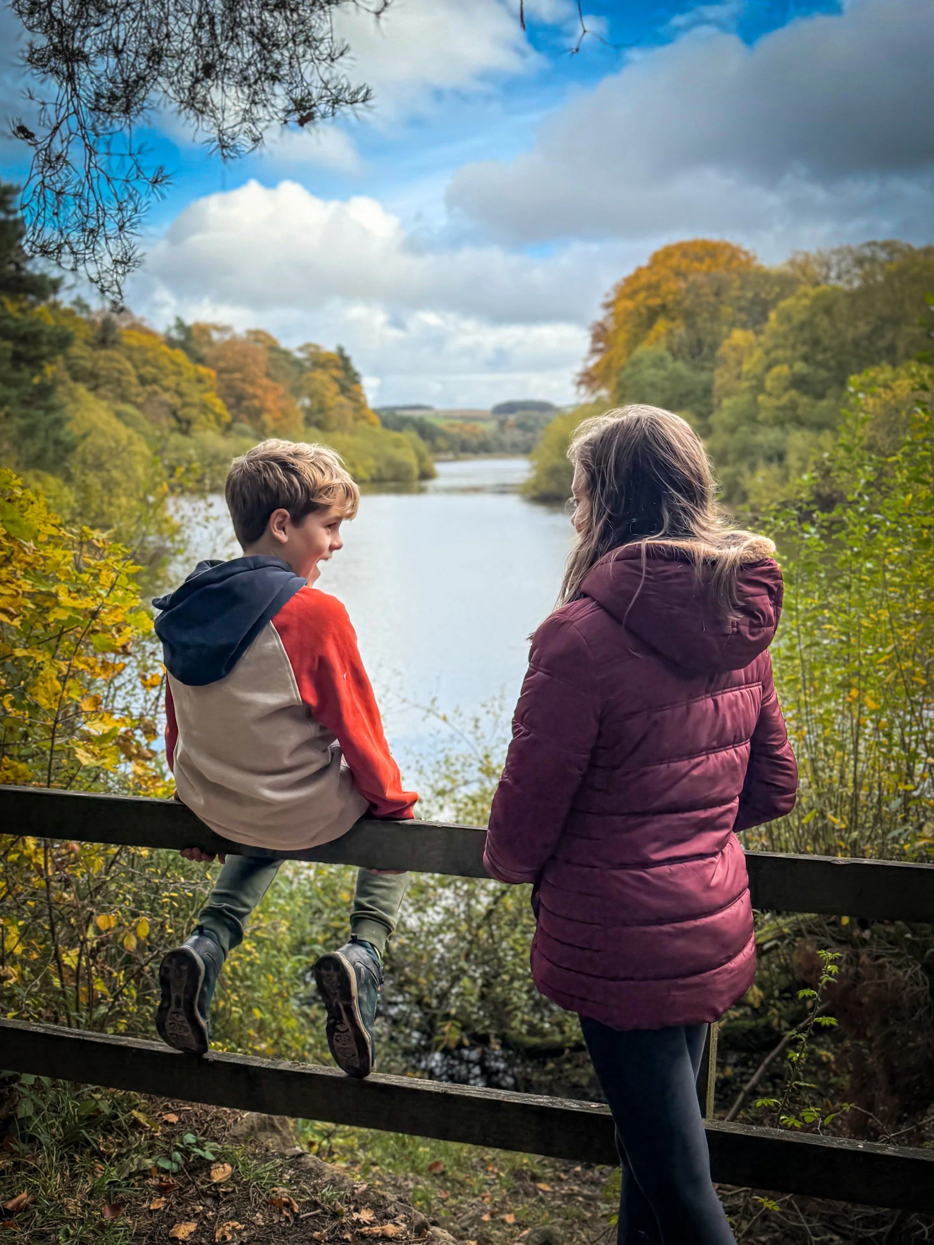 Two children sat on and next to a fence in front of a reservoir with autumn trees