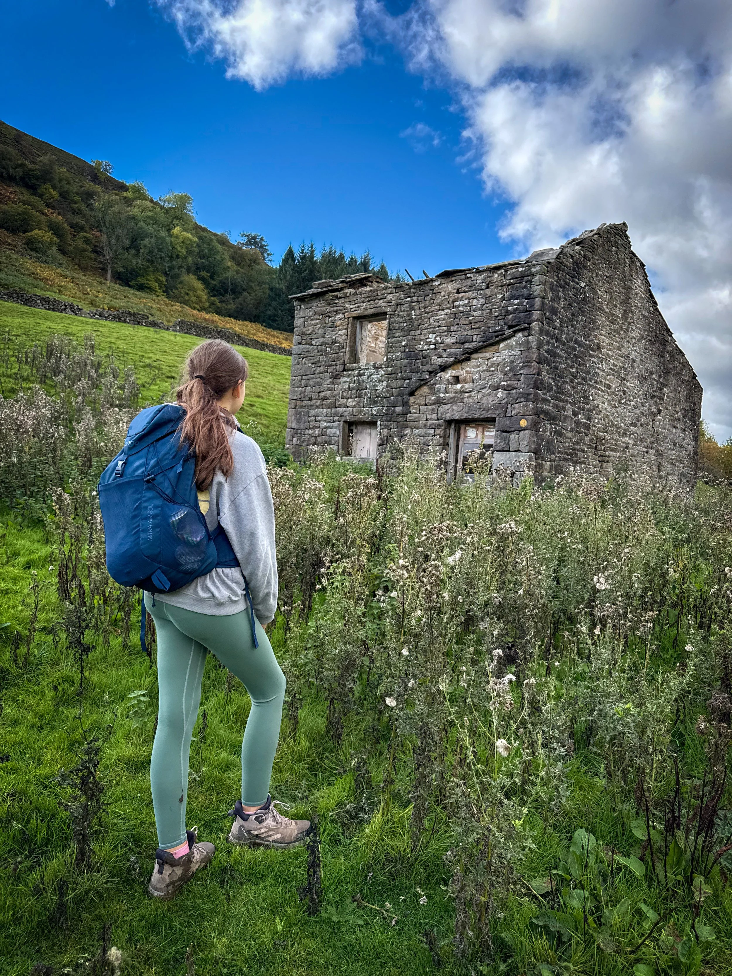 Child standing in front of a farmhouse with blue skies and green grass