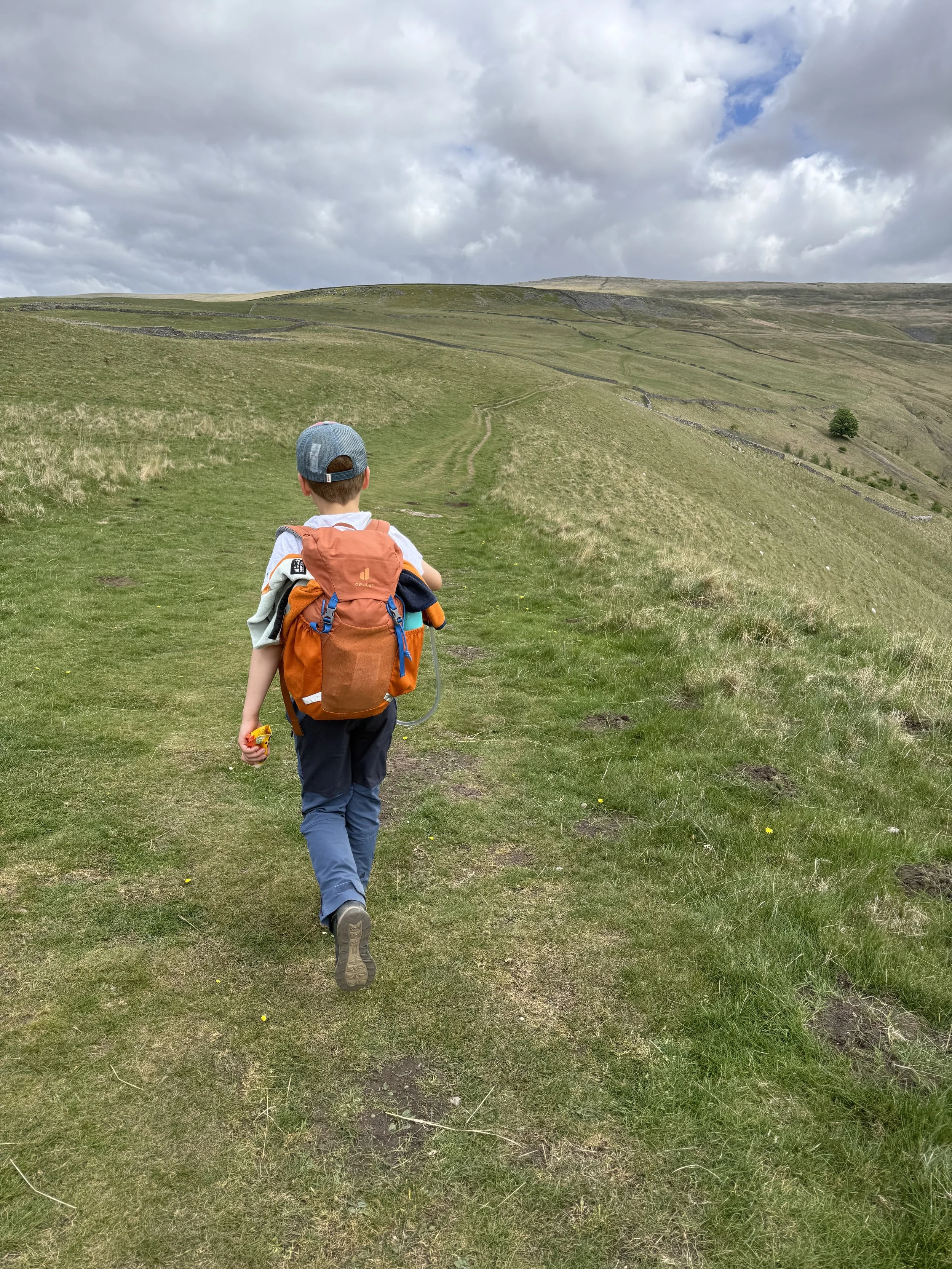 Child walking along a grassy path in the mountains with an orange backpack and cap on