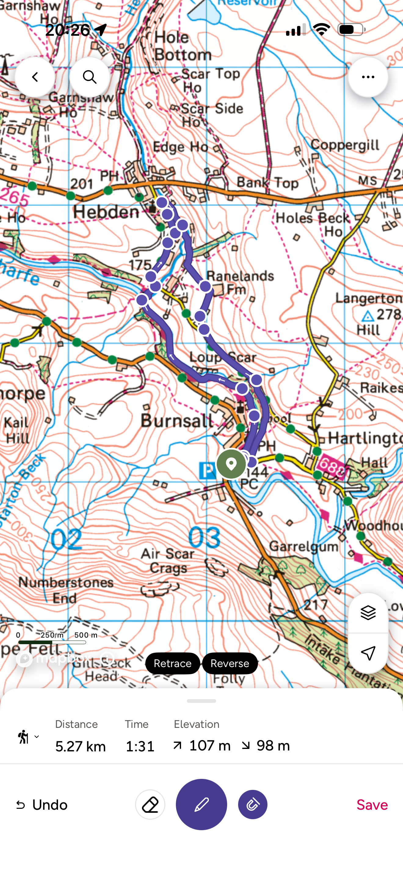 A map of an ordnance survey route between burnsall and hebden