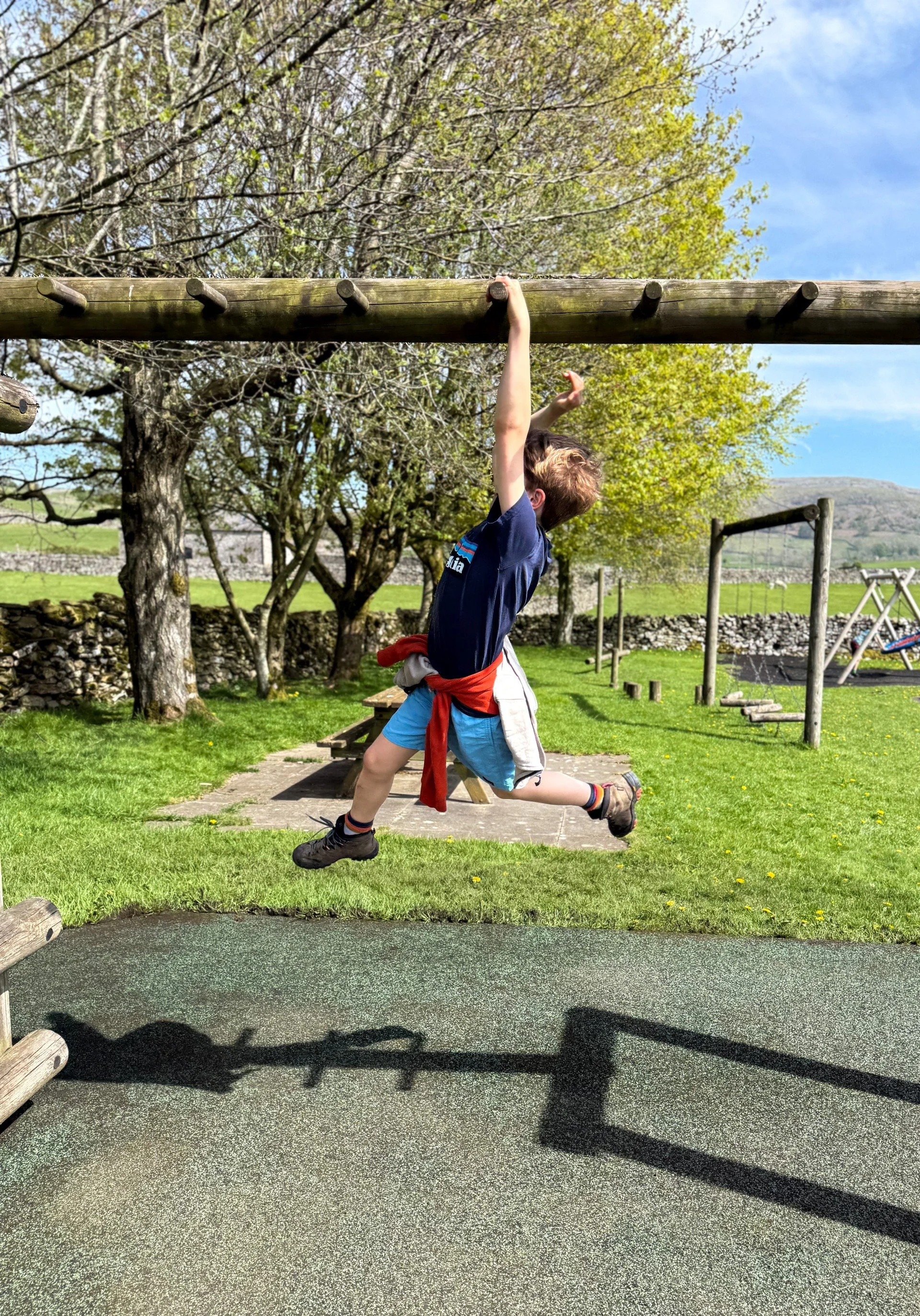 Child on the monkey bars at the play park with an obstacle course behind and spring trees lining the left hand side