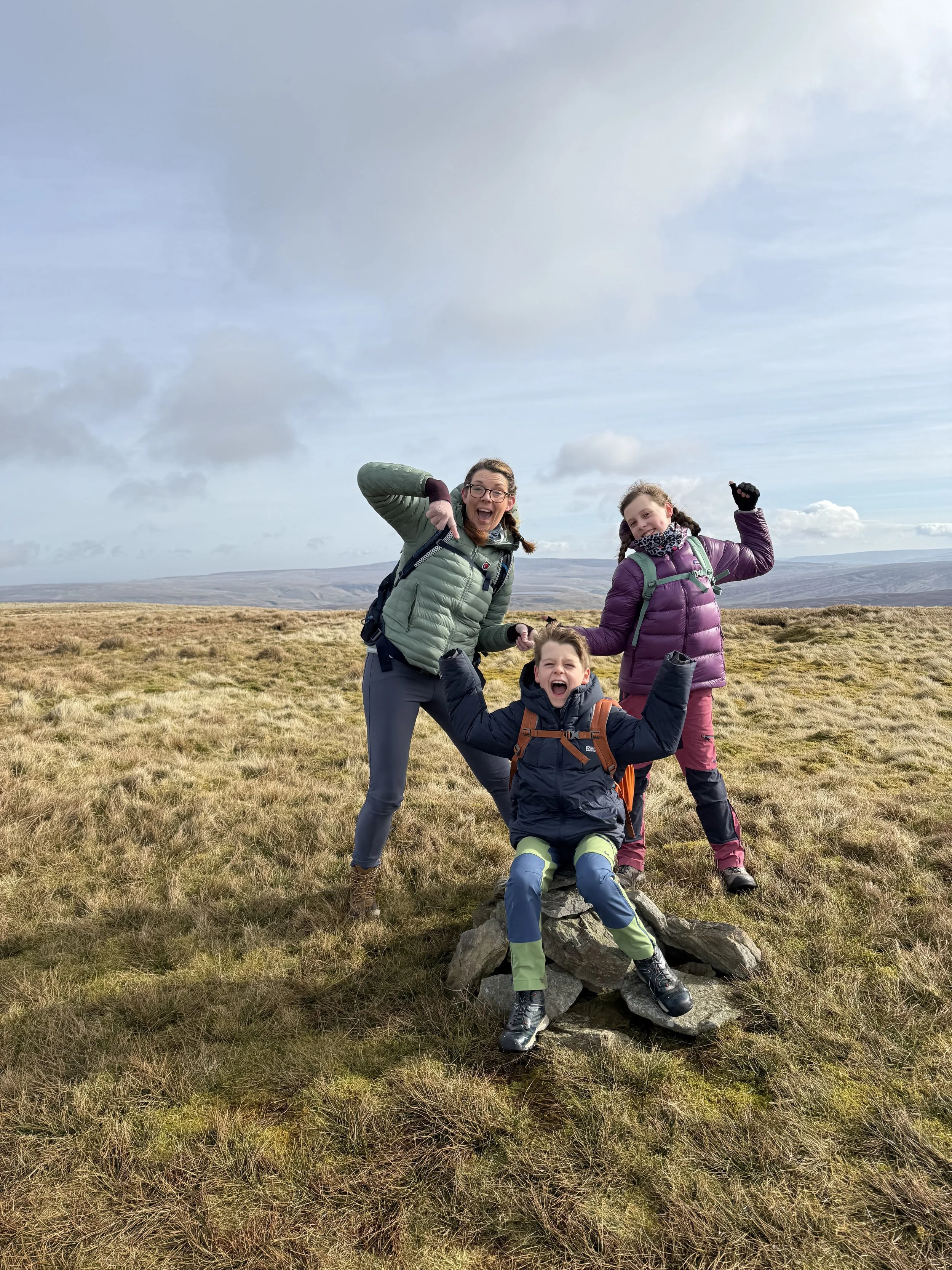 An adult and two children pointing at a pile of stones on top of a grassy mountain top under blue skies