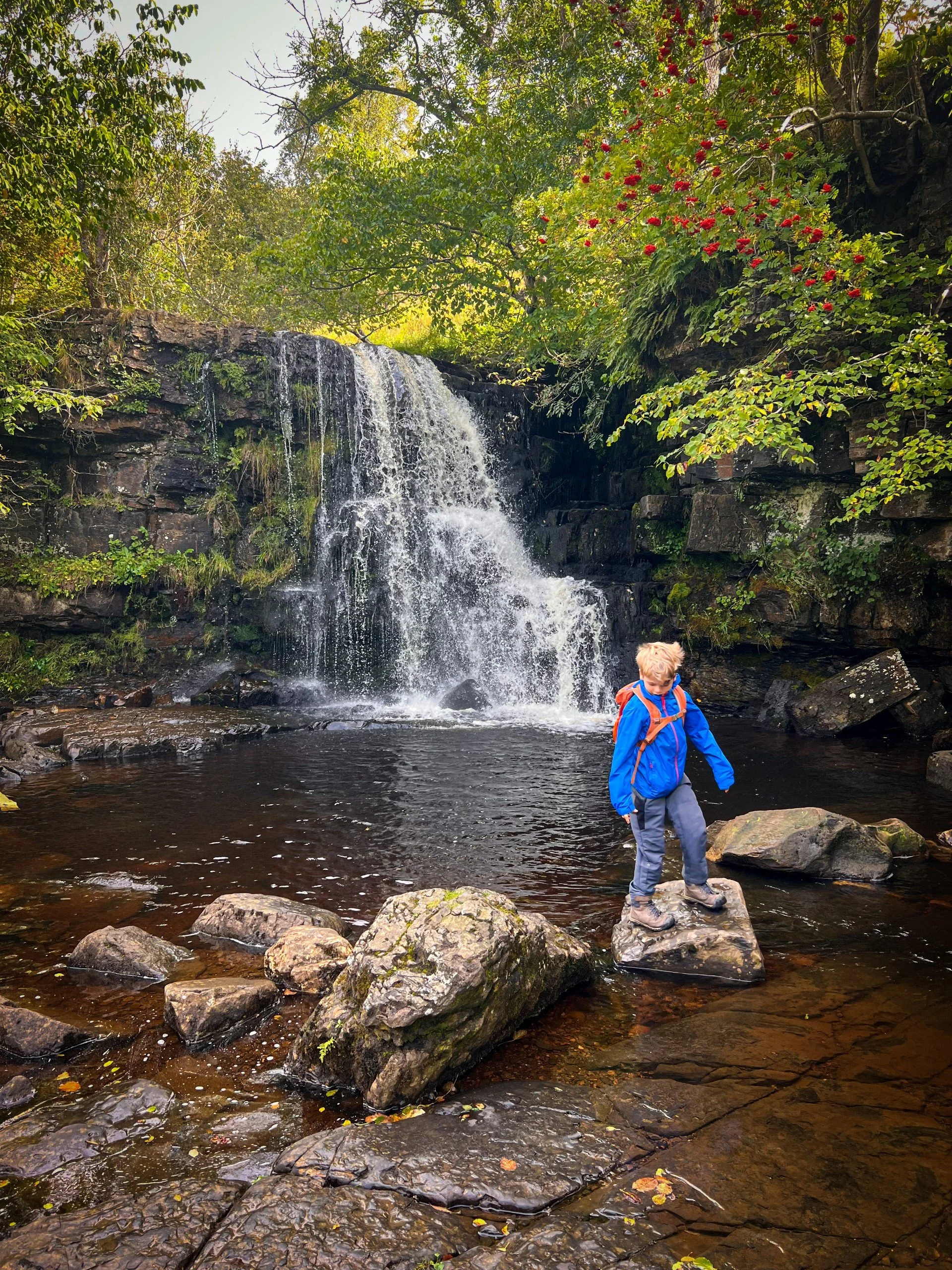 Child standing on a rock in front of a waterfall