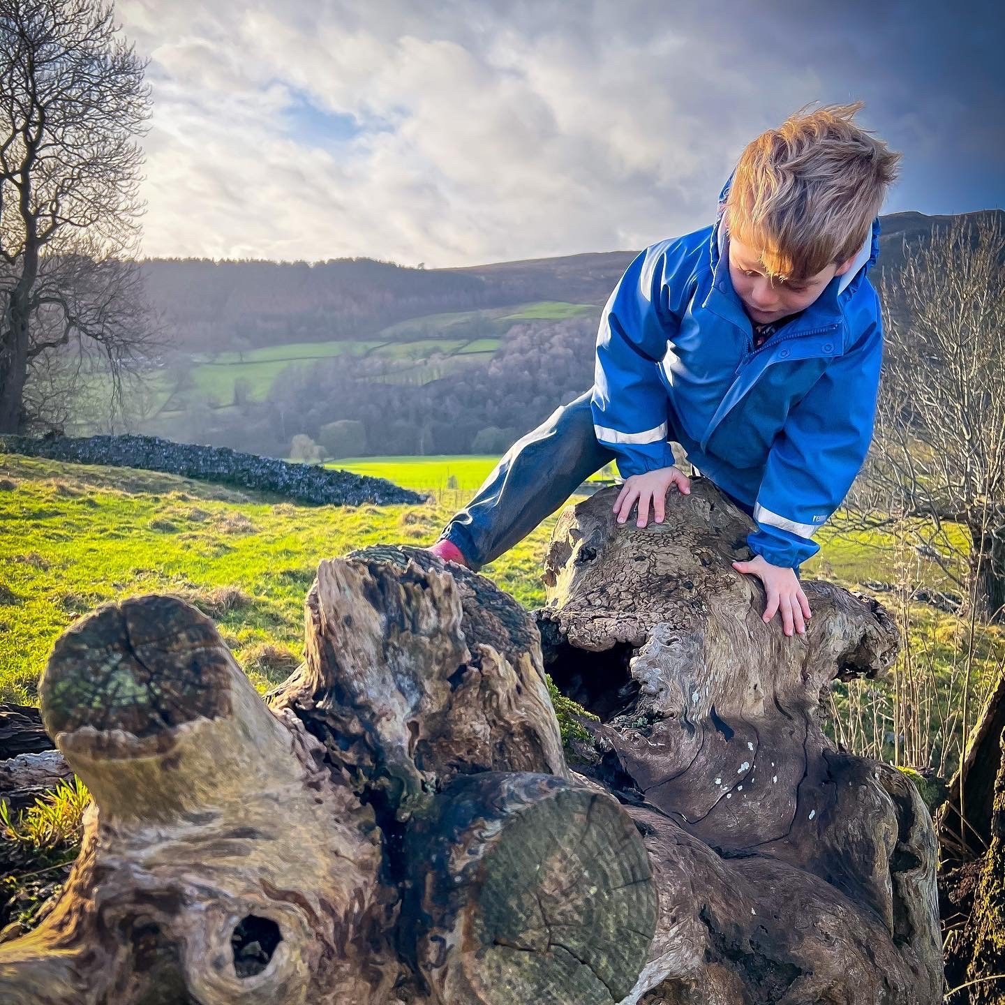 Child clambering over a log with countryside views behind in winter