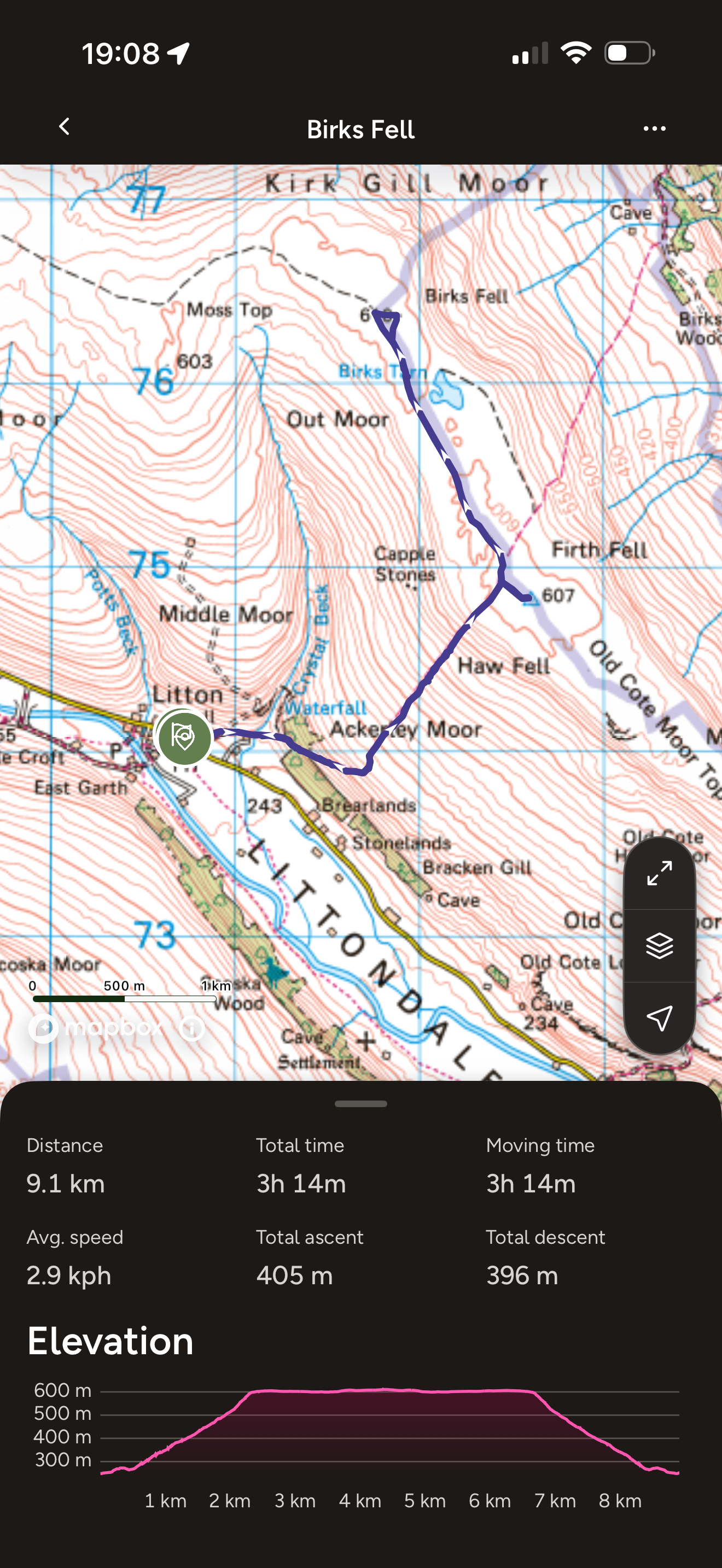 Ordnance survey map with route marked on it