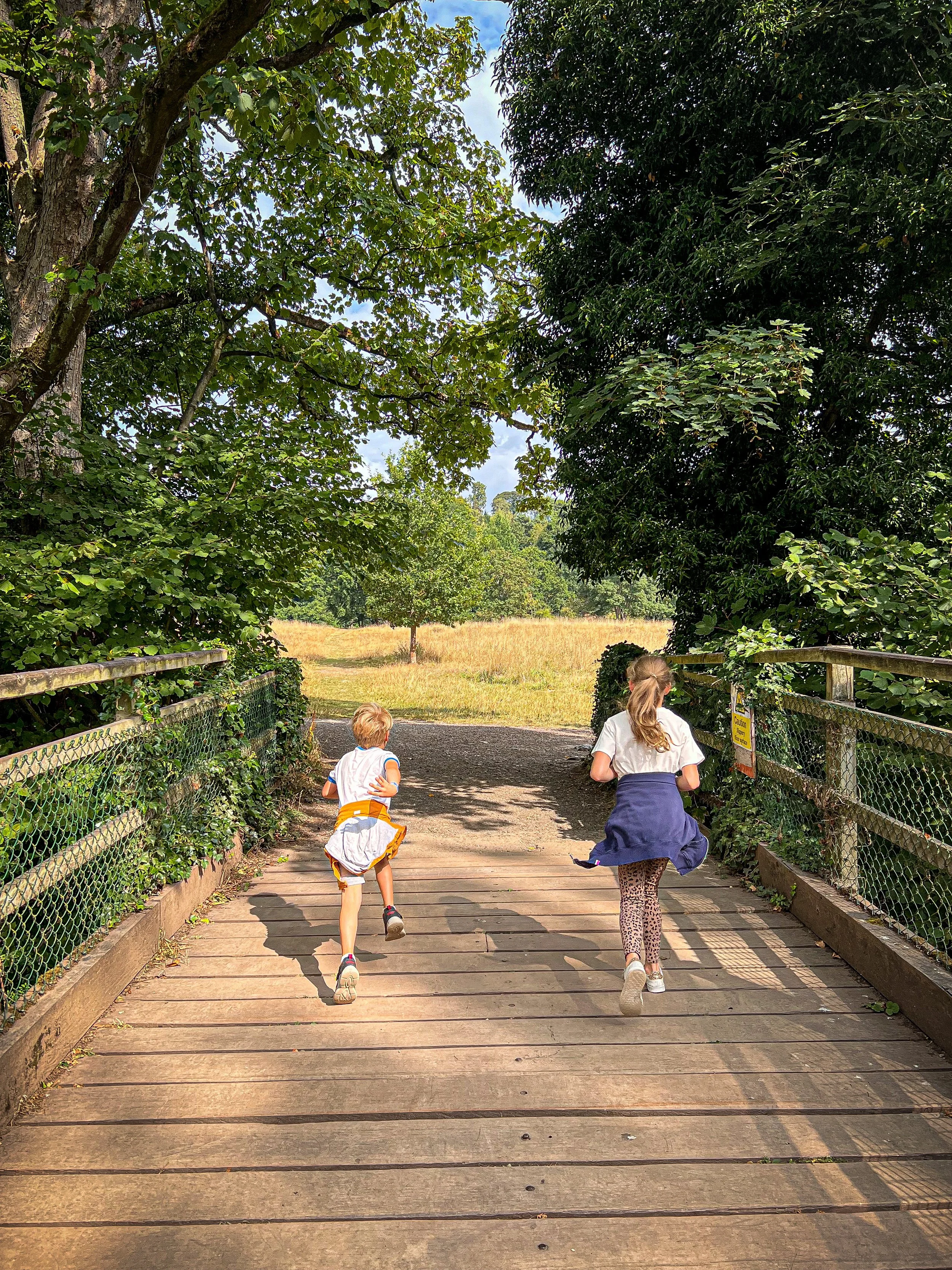 two children running over a bridge towards a field surrounded by trees