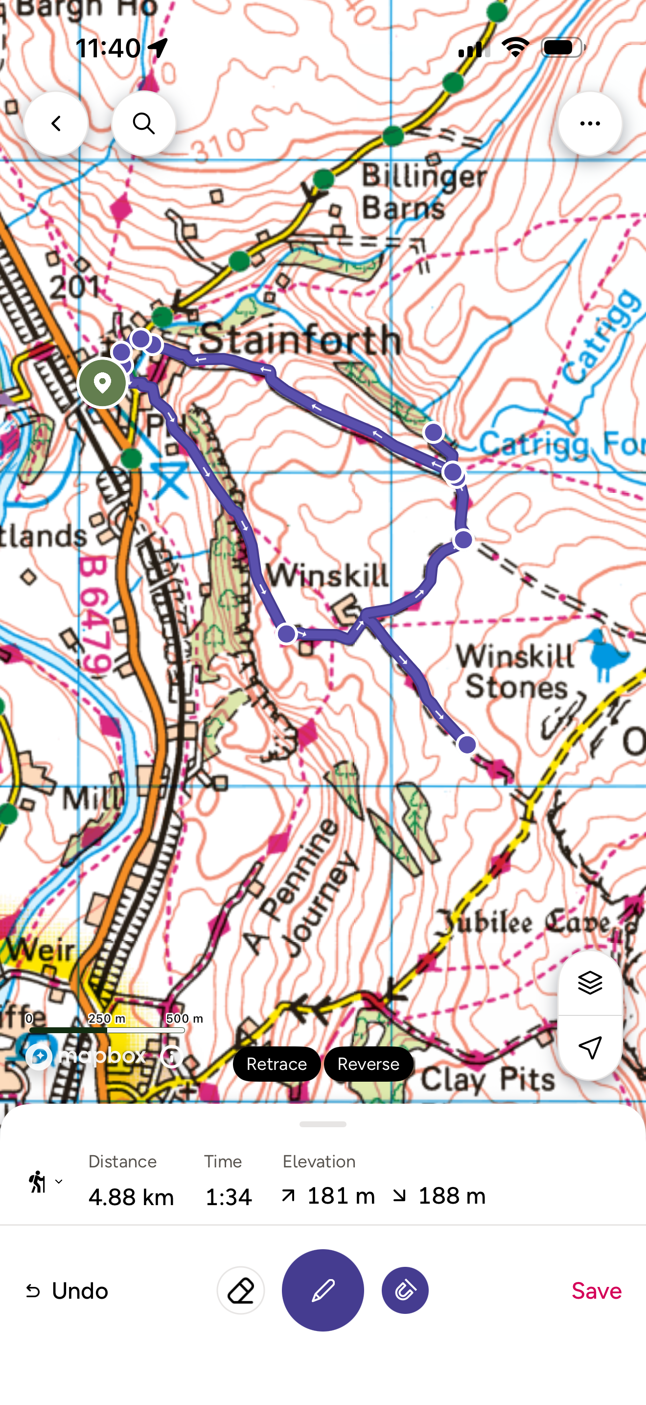 Map of Stainforth with route marked on it