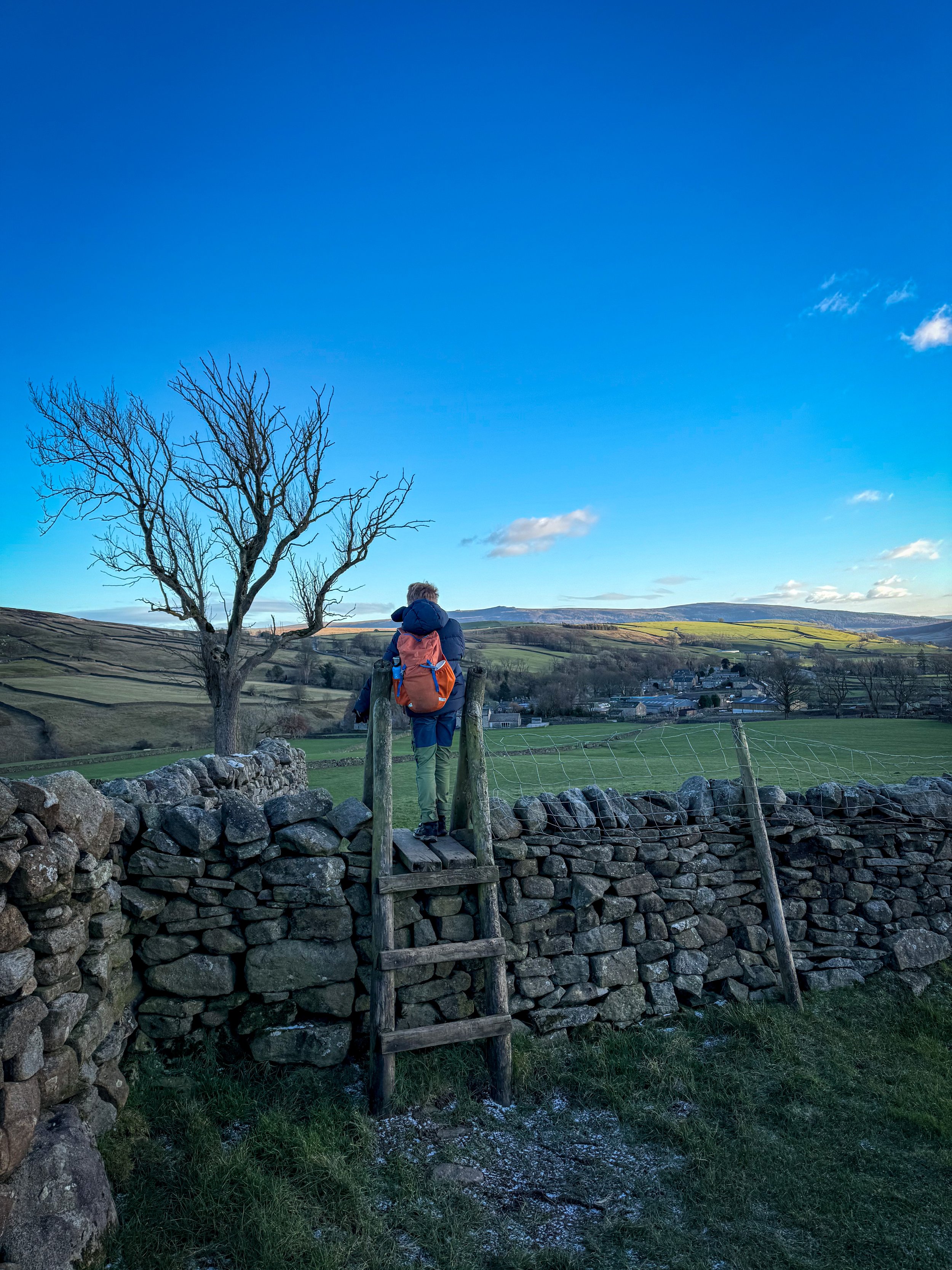Child crossing a ladder stile with a village in the distance and winter tree in the wall