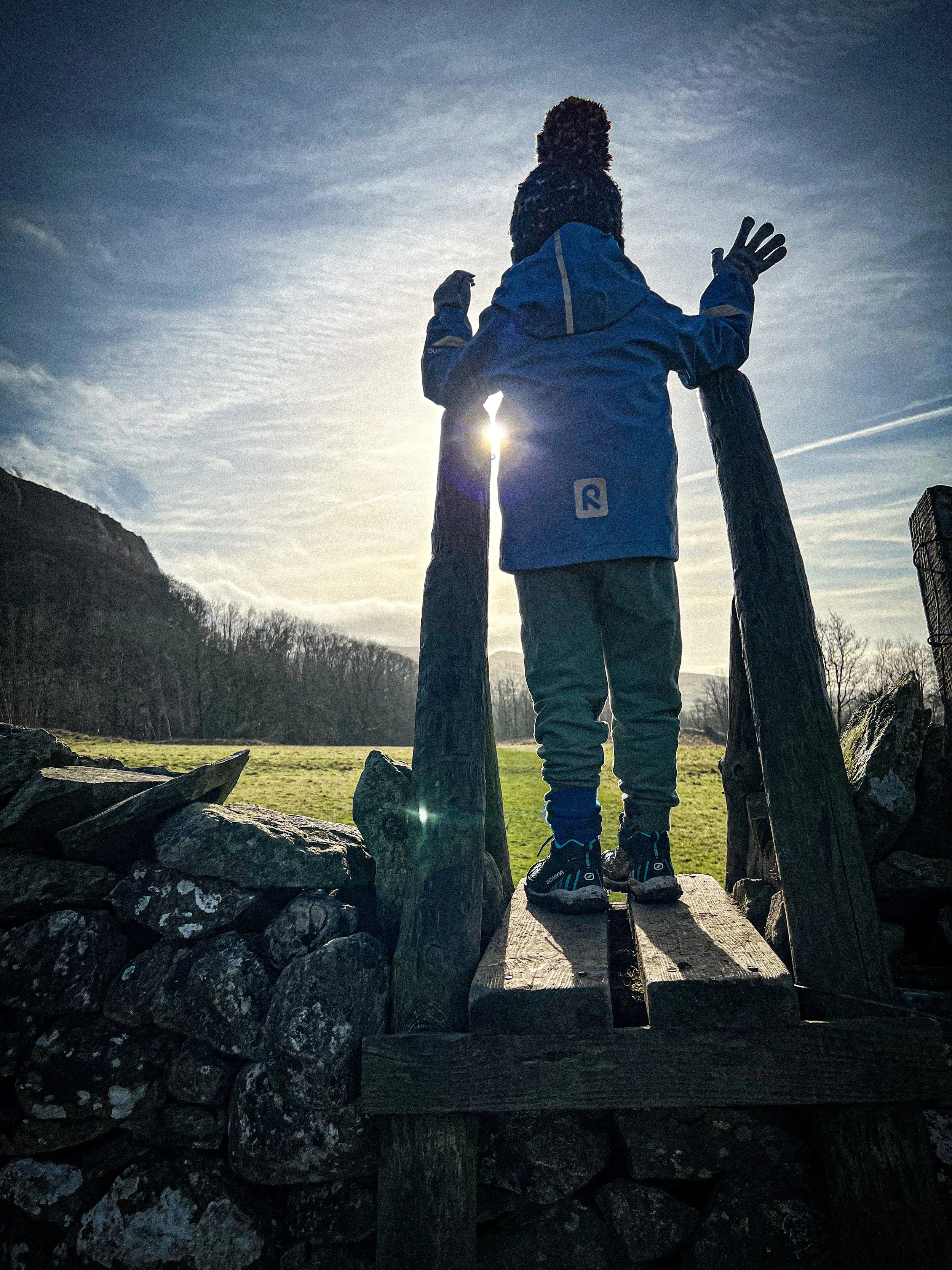 Standing on top of a ladder stile with sun