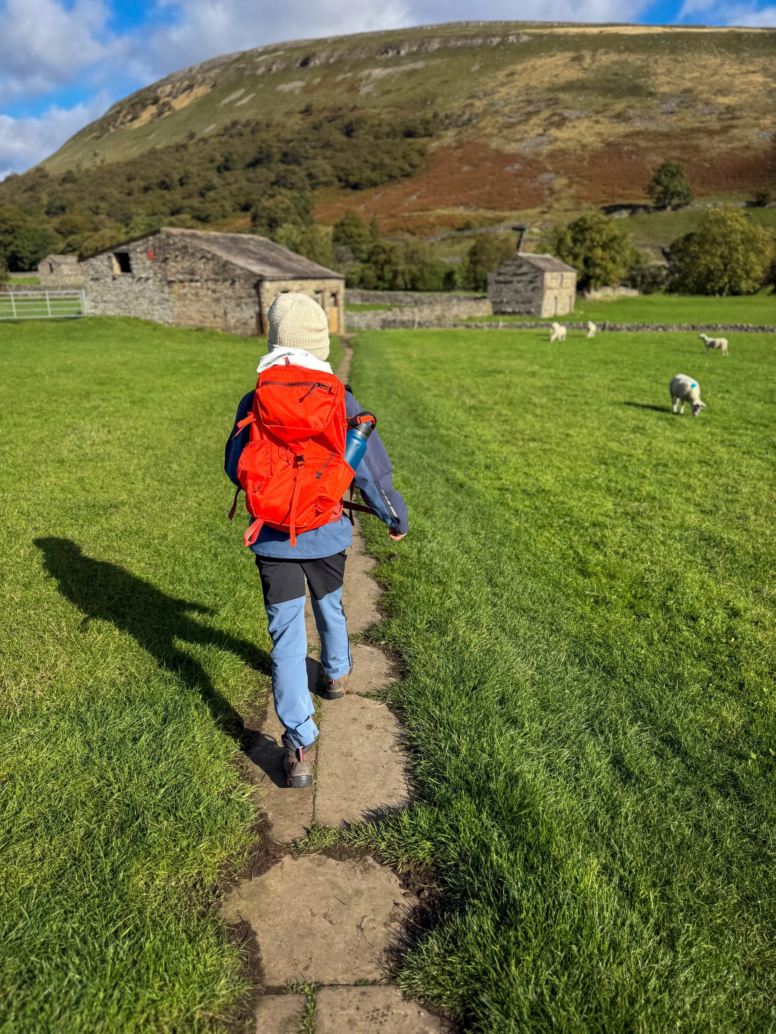 Child walking along a flagged path with grass either side with stone built farm building, dry stone walls