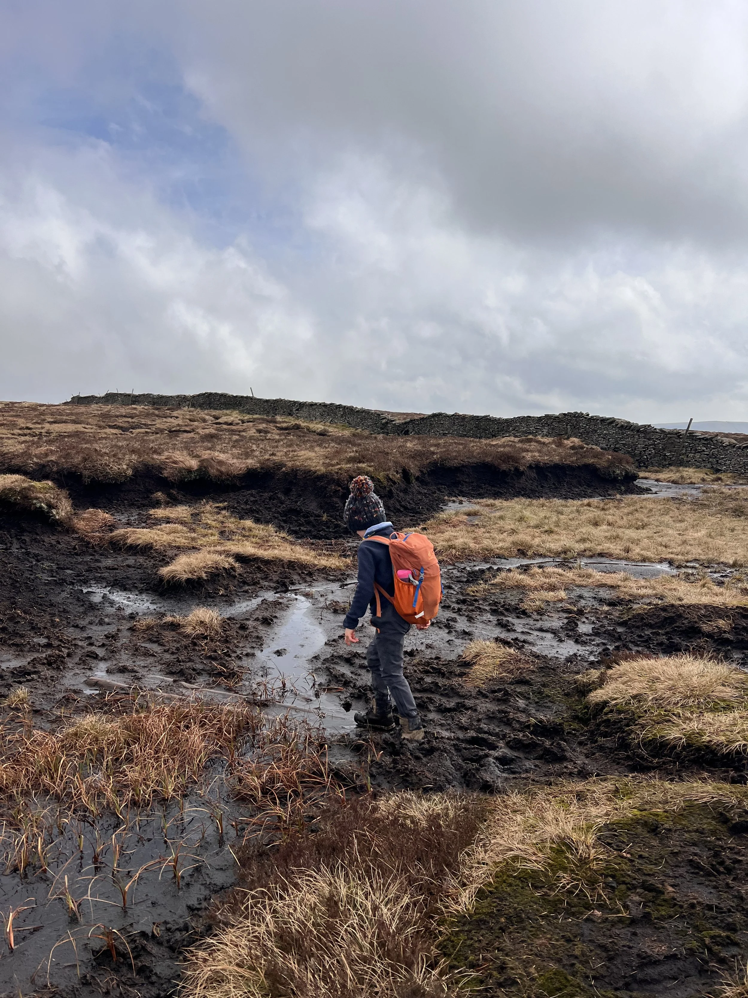 Child trying to walk across a muddy bog