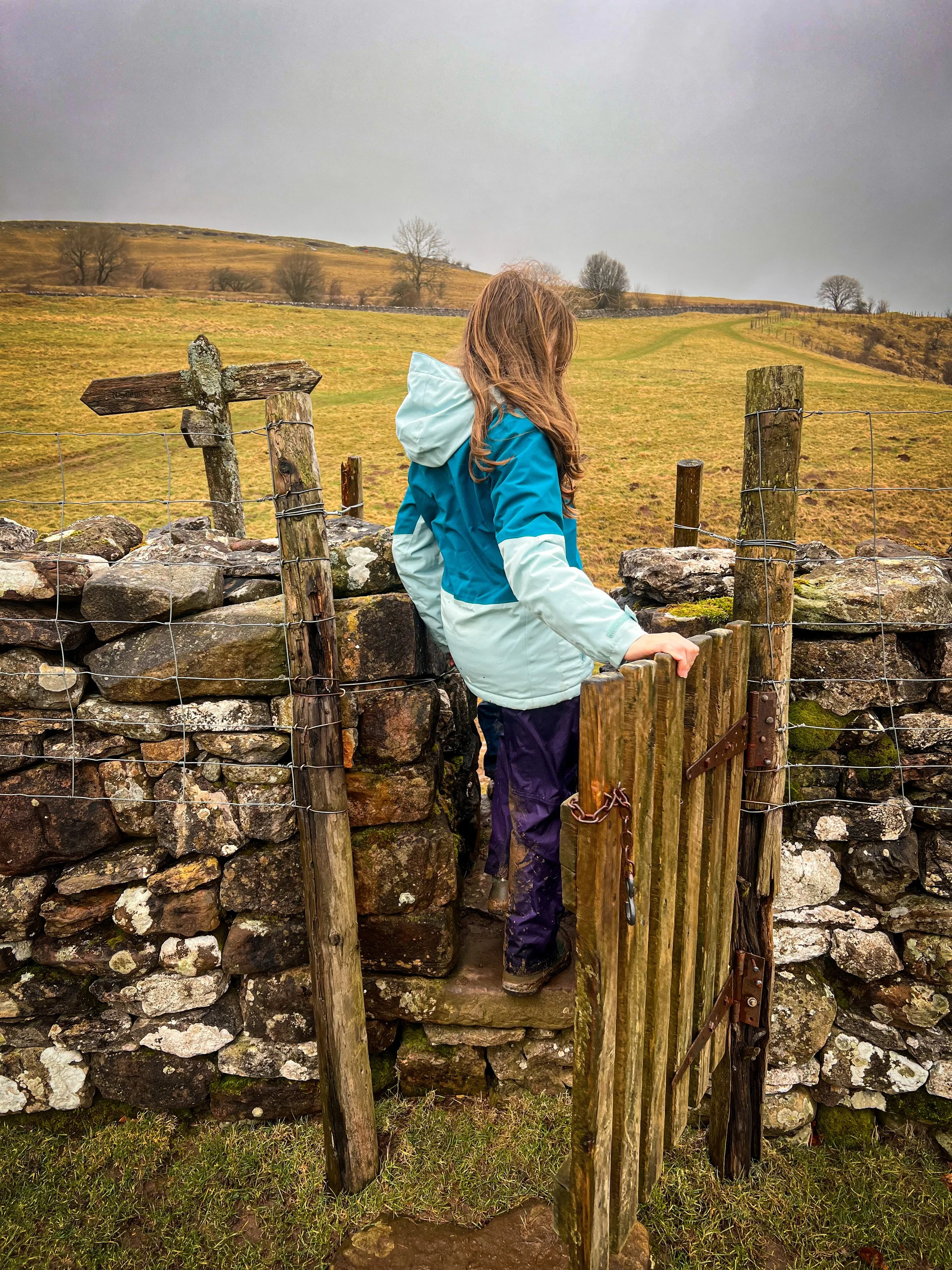 Child standing in a gate way holding open a gate with a grassy hill beyond and signposts